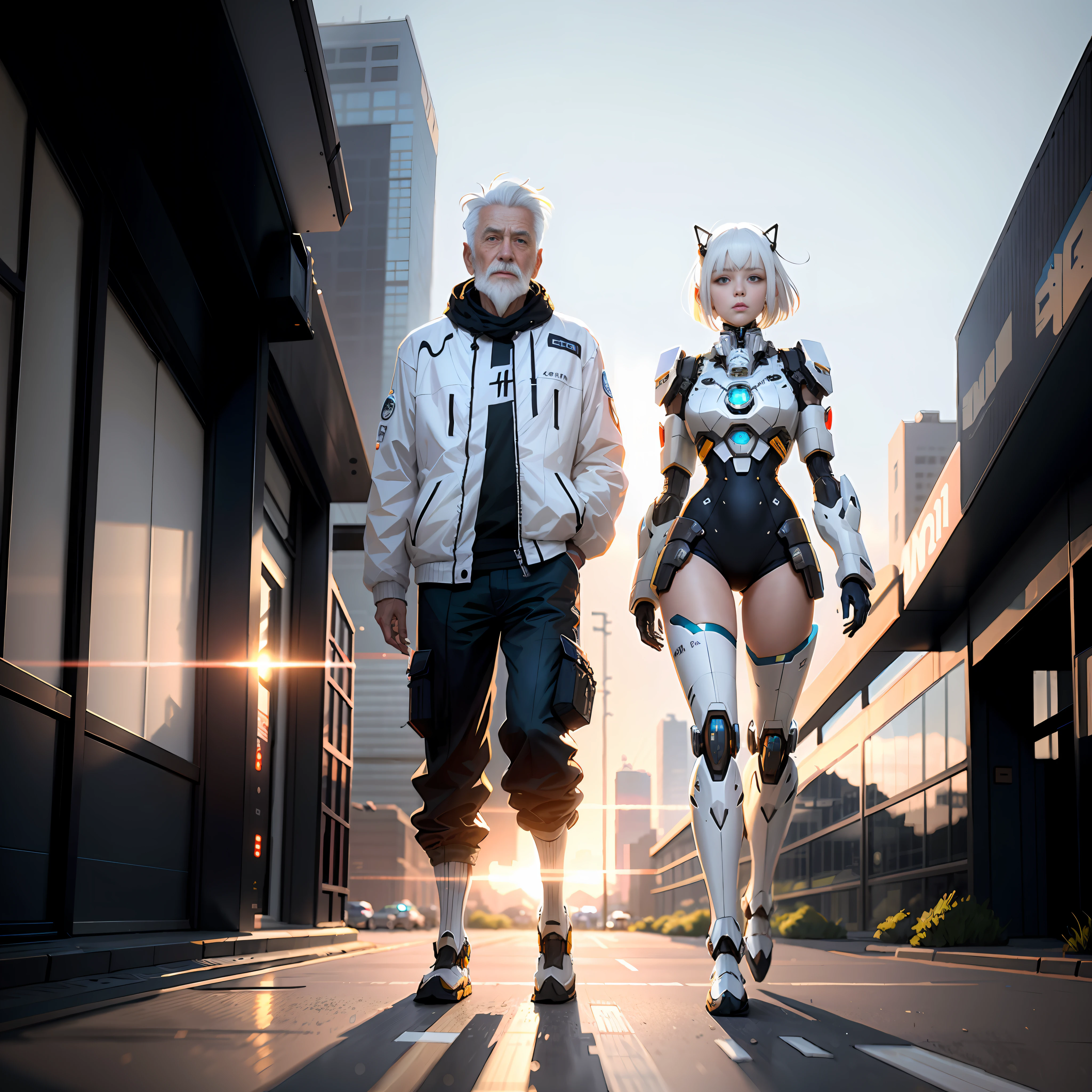 (Mecha Old Man: 1.2), bangs, white hair, half-human, half-mech, solo, (Tech City 1.2), trending on artstation, 8k resolution, very detailed, clear images, digital painting, concept art, fashion trends on pixiv, Makoto Shinkai's style,
