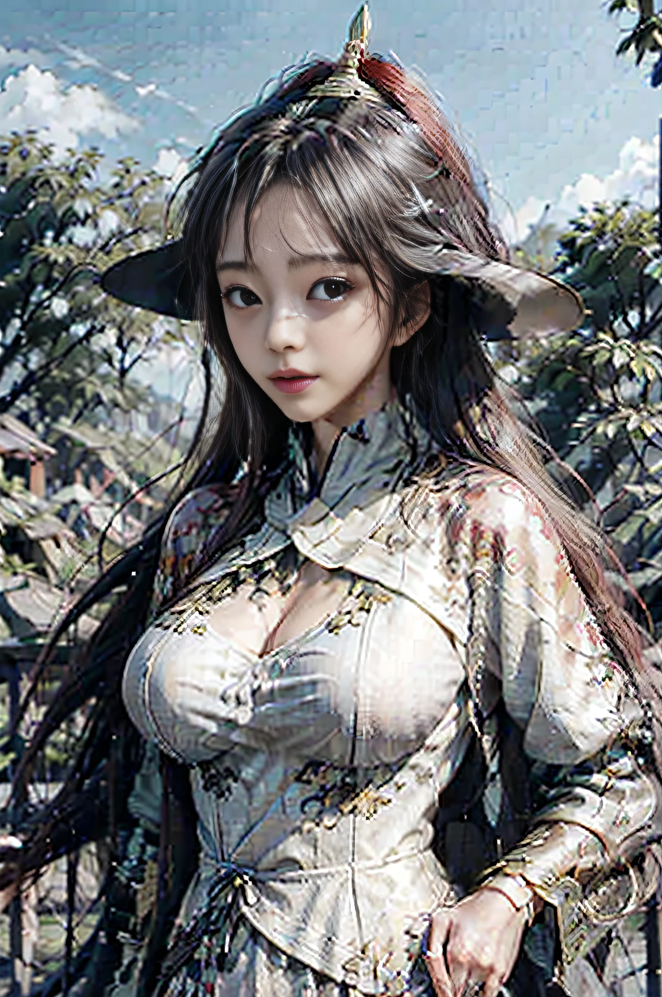 white_robe, Doosui, black_short_hair, 1 girl, big_breasts, Real, Masterpiece, Best quality, 8K, Photorealistic, Outdoor,girl, cute, breasts, cleavage, cleavage clippings, clothes clippings
