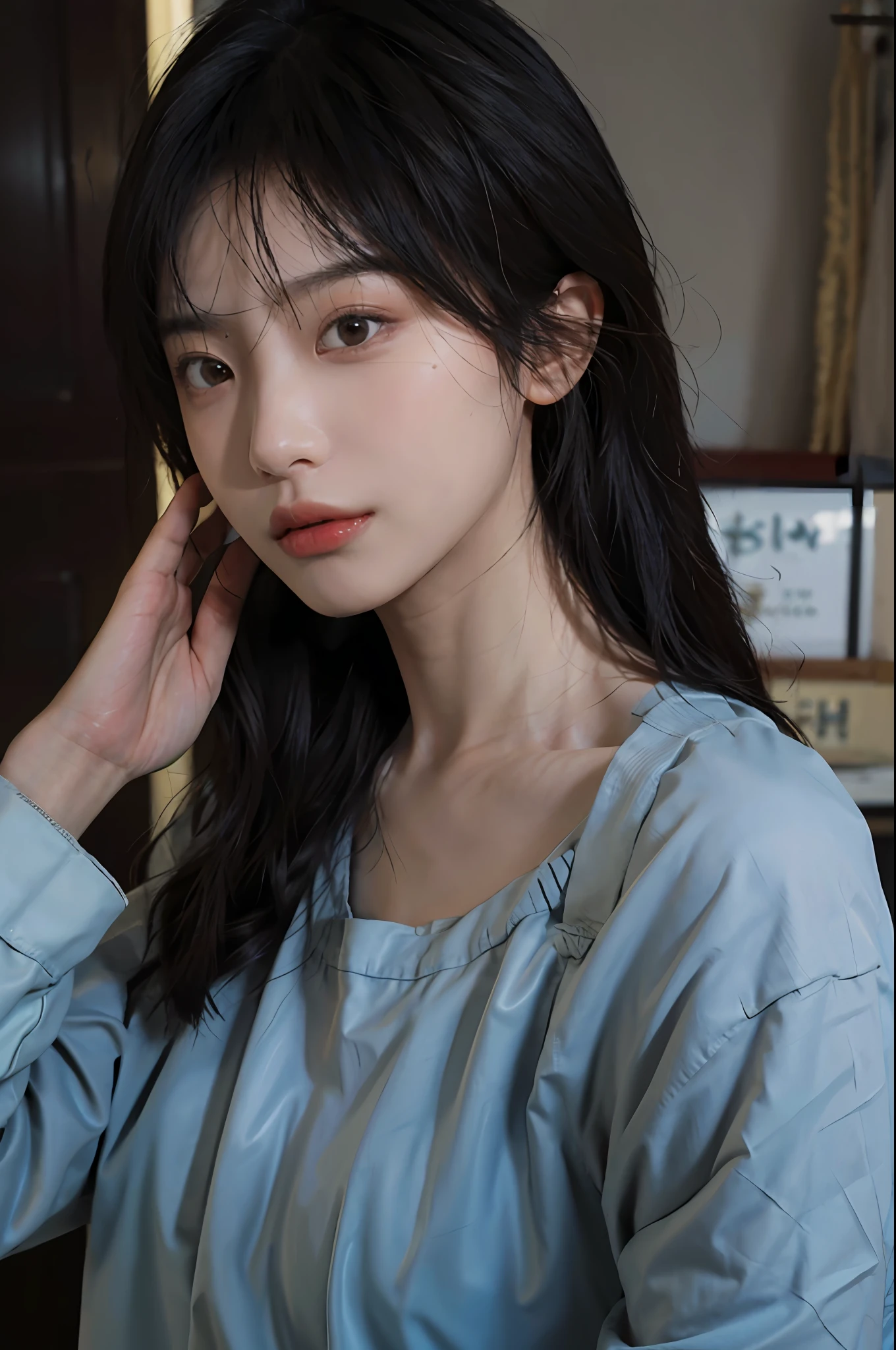 8K, Best Quality, Masterpiece, Ultra High Resolution, (Realism: 1.4), Original Photo, (True Skin Texture: 1.3), (Film Grain: 1.3), (Selfie Angle), 1 Girl, Beautiful Eyes and Face Details, Masterpiece, Best Quality, Close-up, Upper Body