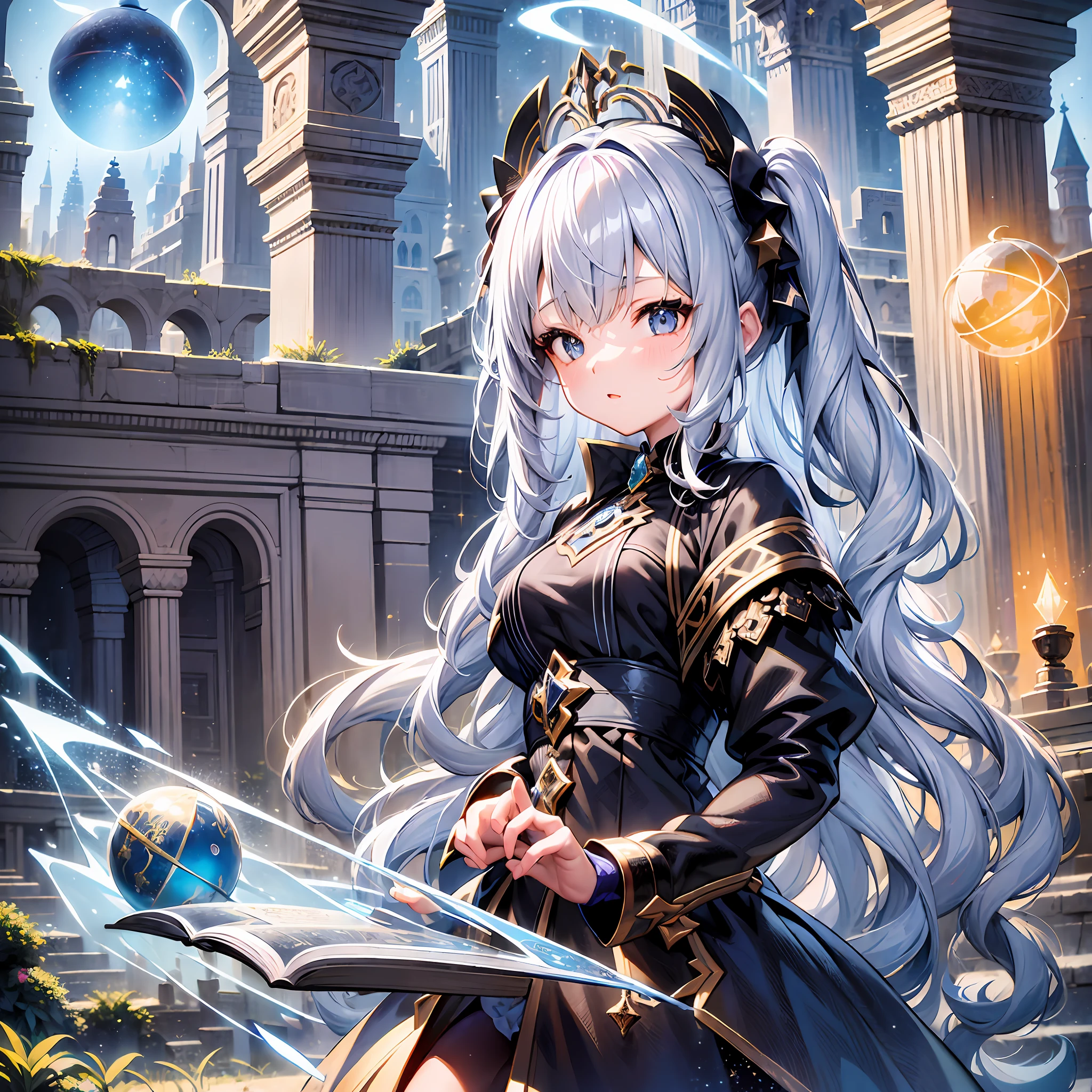 [(white background:1.5),::5] (isometric:1.0), double exposure, lace, mid shot, full body,//1 girl,  ancient magical city ruins, technological artifacts, bananas, Best quality astrologer girl with gothic clothing, silver hair in twintails, stars and tarot themed, ancient technology theme, splash art. has soft muted colors, light particles,starry sky, magic book, crystal ball