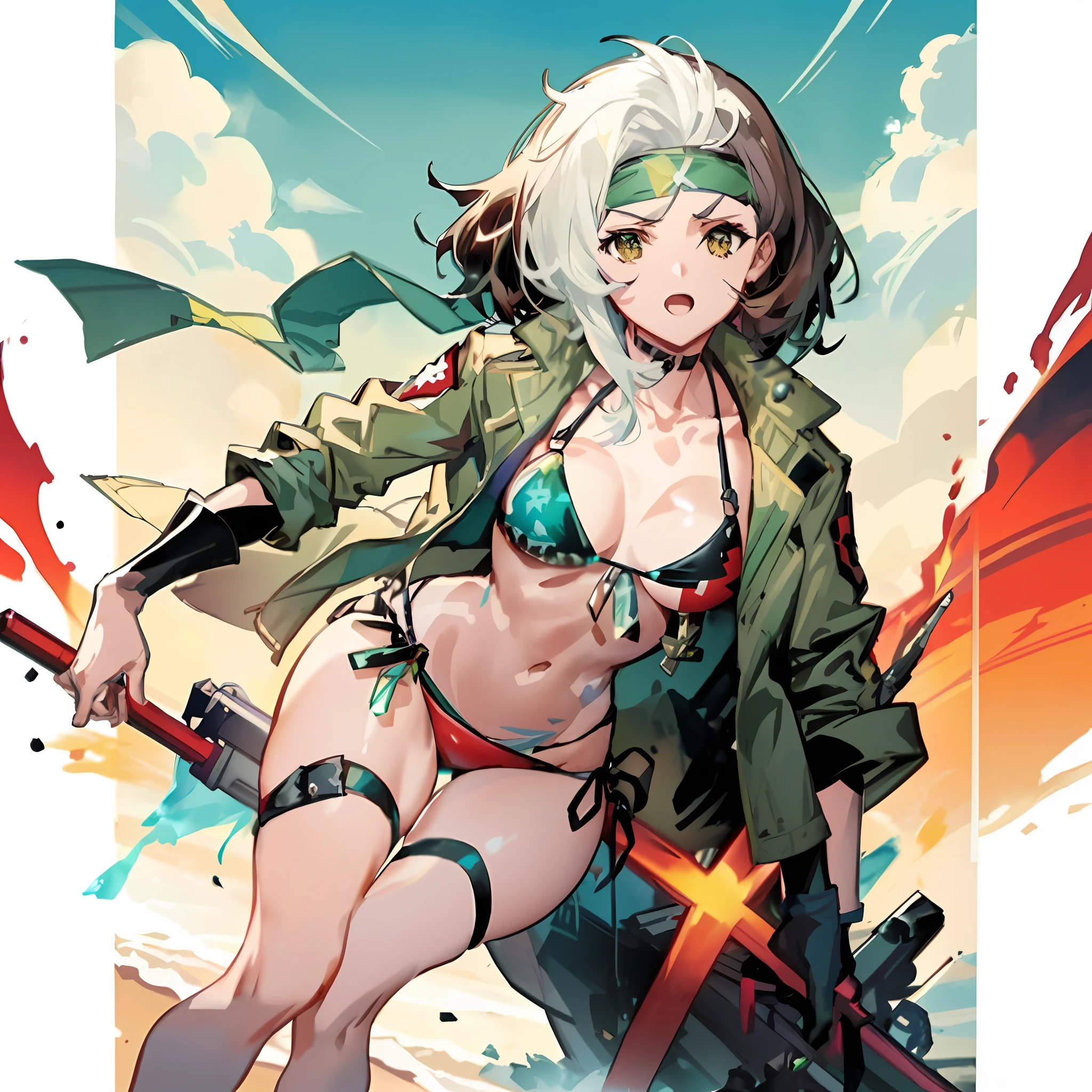 a woman in a bikini and jacket holding a gun, kantai collection style, bikini + tattered military gear, greg tocchini, from girls frontline, cushart kenz, cushart krenz key art feminine, style of masamune shirow, guilty gear strive splash art, krenz cushart and artgerm, by Krenz Cushart