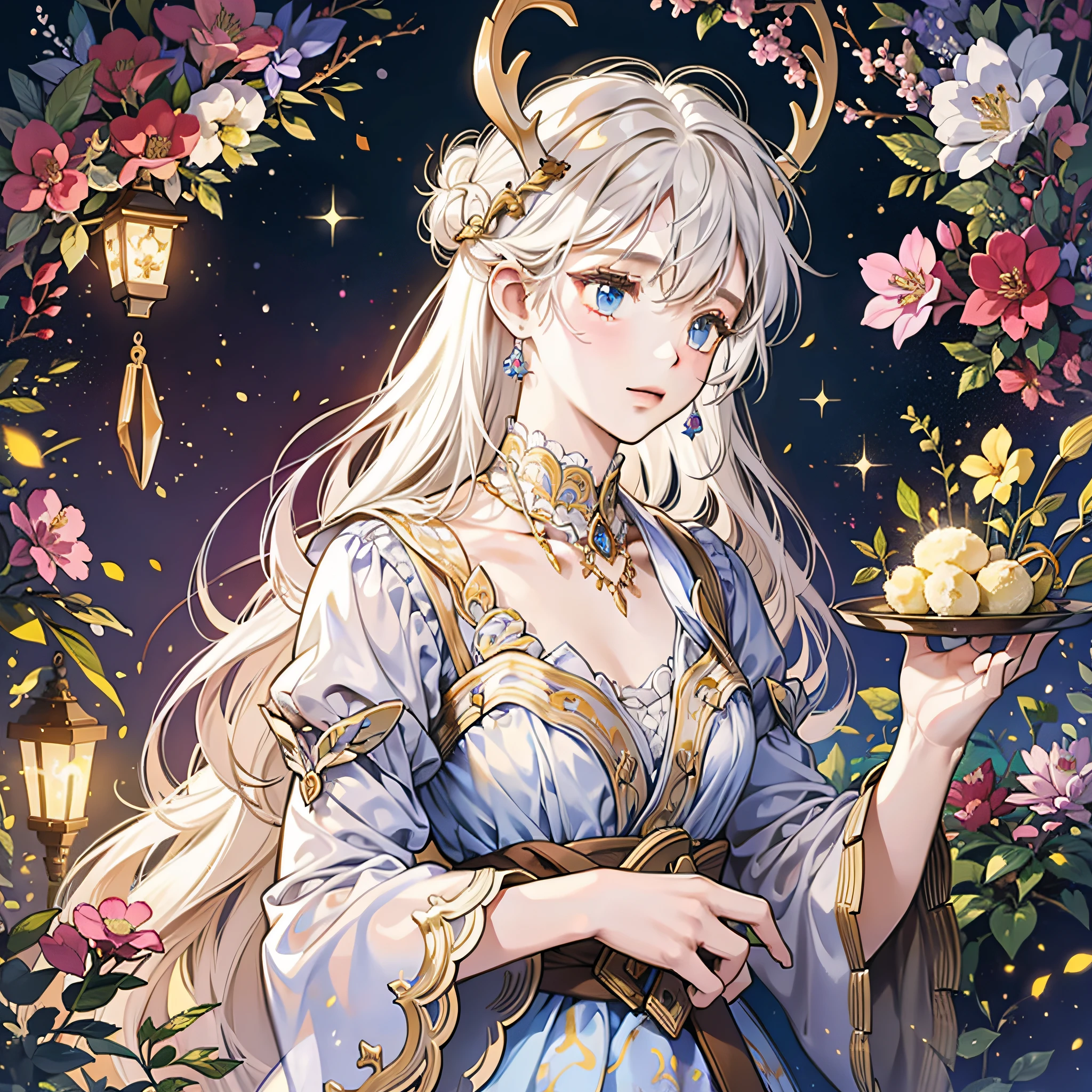 Delicate, aesthetic, deity, high quality, light and shadow effects, sense of atmosphere, forest, elk, maiden, gentle, with long white hair, many colorful trinkets hanging on the antlers, all of which are images of berries, flowers, small animals and other images made of gemstones. Her creamy white anxile length dress has a soft and soft texture like moonlight.