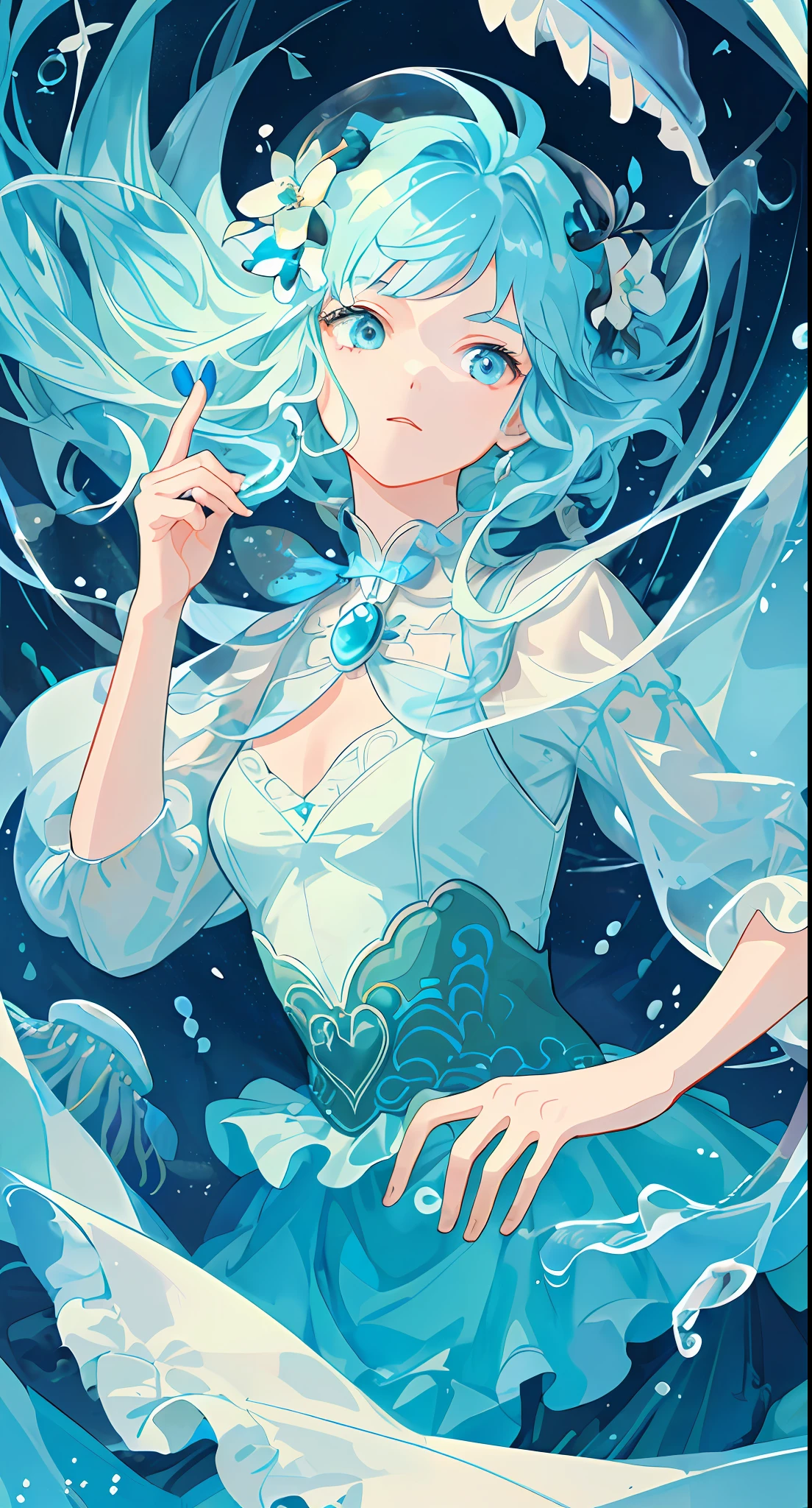 ((masterpiece, top quality)), (negative space: 1.2), (1 girl, solo: 1.4), beautiful detailed eyes, beautiful finger shape, correct body orientation, floating hair, underwater, bubbles, fish, (jellyfish), fluorescent, sea turtle, seaweed,