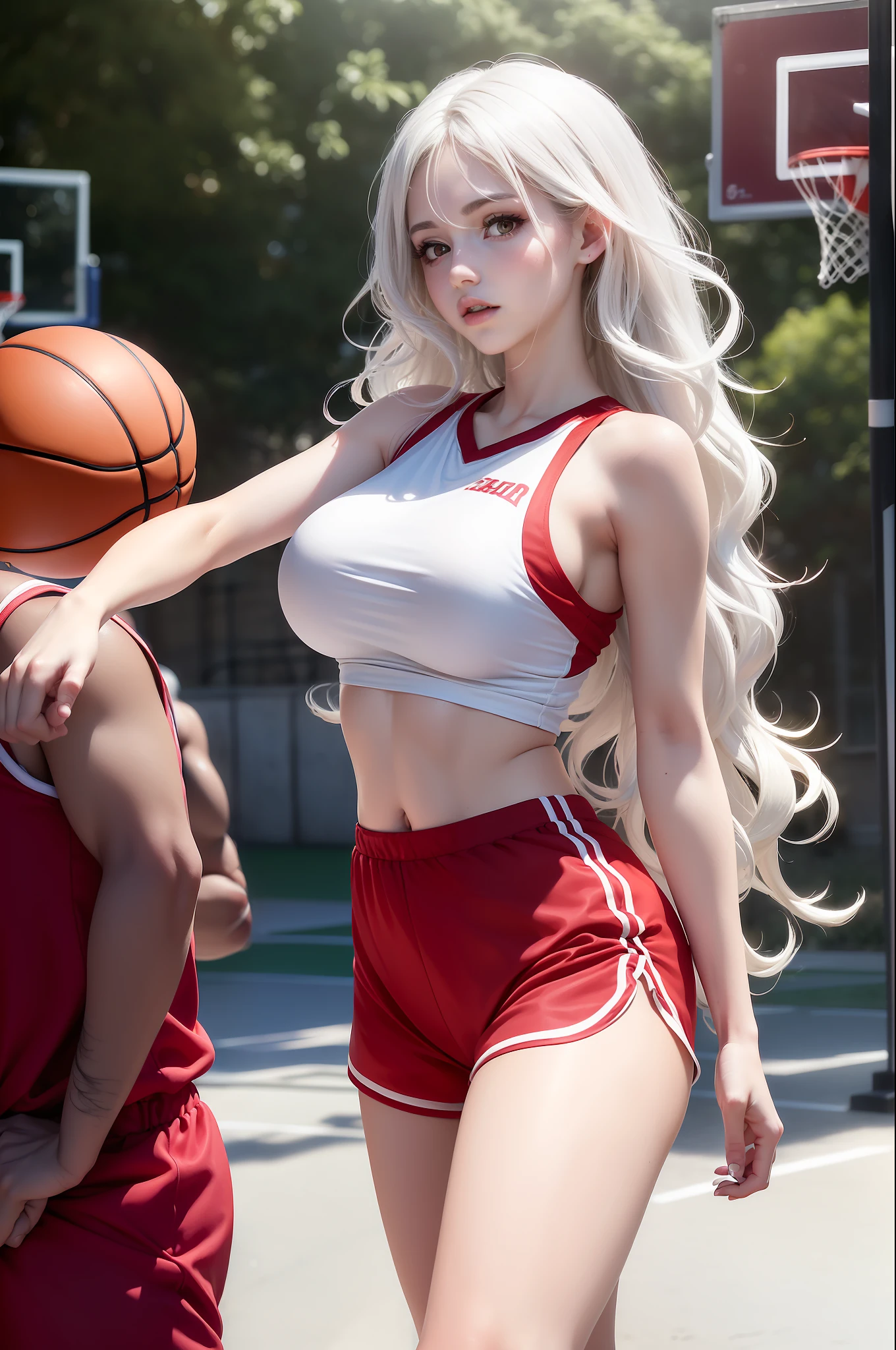 realistic, (cute appearance, perfect proportions, bright eyes, light makeup, big black eyes, soft face line) white hair, big black eyes, parted lips, shyness, sun, sunlight, (masterpiece, realistic, high resolution), ((1 girl): 1.2, frolicking with each other), ((white big wavy long hair: 1.3)), (basketball baby, red loose basketball top, red basketball shorts, sneakers, youthful beauty), ((big breasts): 1.5, thin waist: 1.2, strangle: 1.3, fair and moist skin), basketball court, fierce ball grab, sweat, (hazy charm, ambiguous atmosphere, dreamy background, fairy tale world: 1.2)