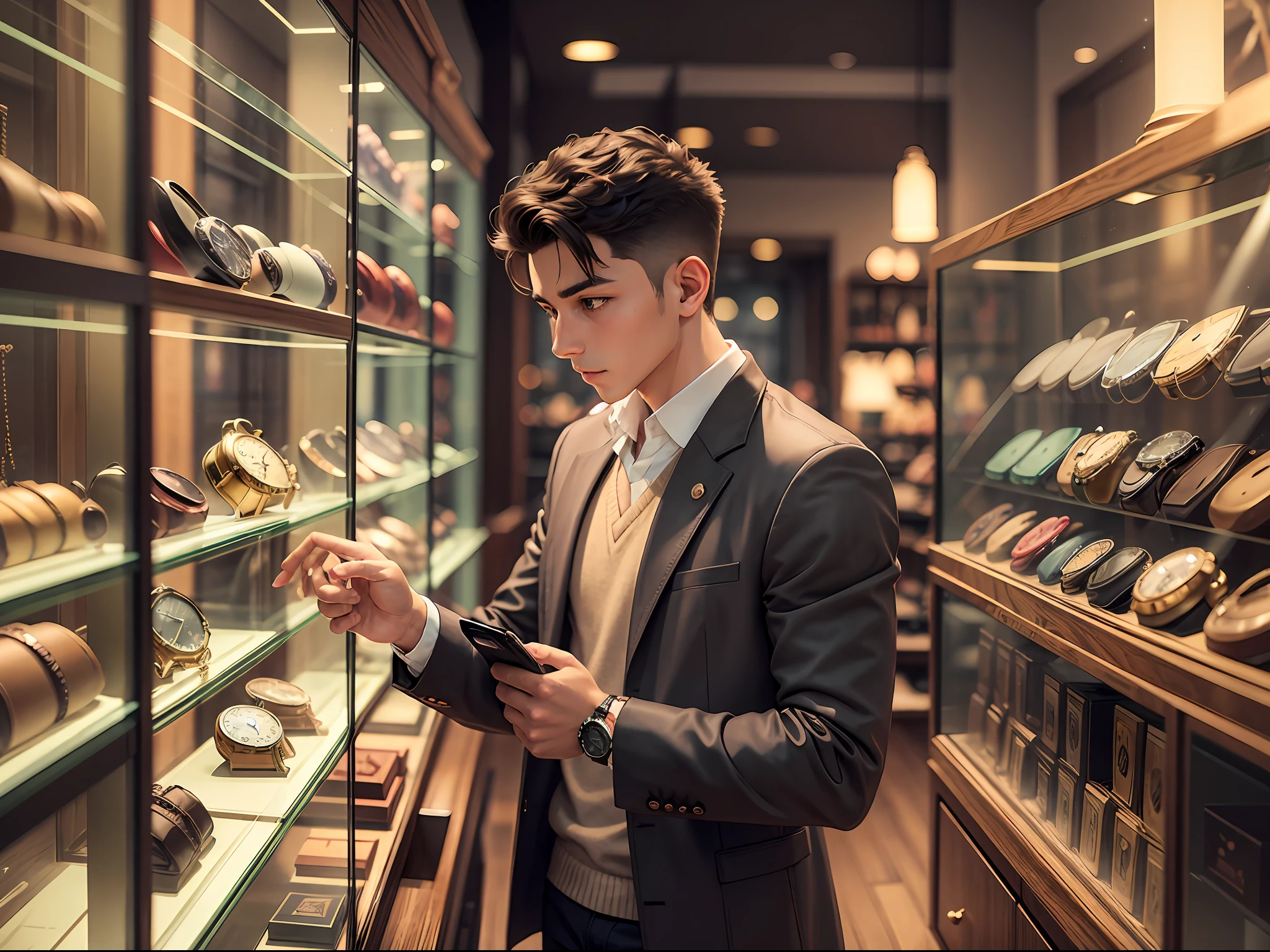 A young man is looking at a watch in a display case