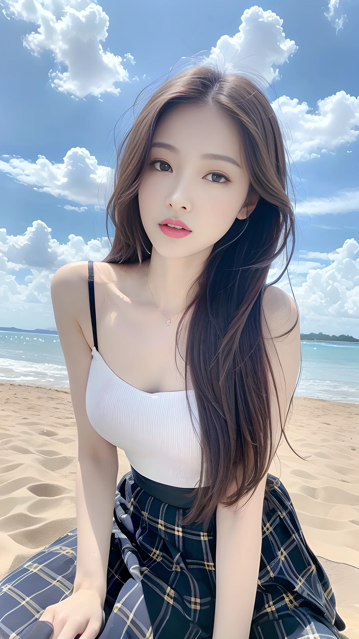 ((Best Quality, 8K, Masterpiece:1.3)), A beautiful girl, pure, melon face, gentle and cute, thin figure, frontal, tilted head, looking directly at the camera, leaning forward, loose top, plaid long skirt, black fluffy long straight hair, long hair flowing over the shoulders, round black big eyes, clear big eyes, moist red lips, sweet, sitting, blue sky and white clouds, sunshine, beach background,