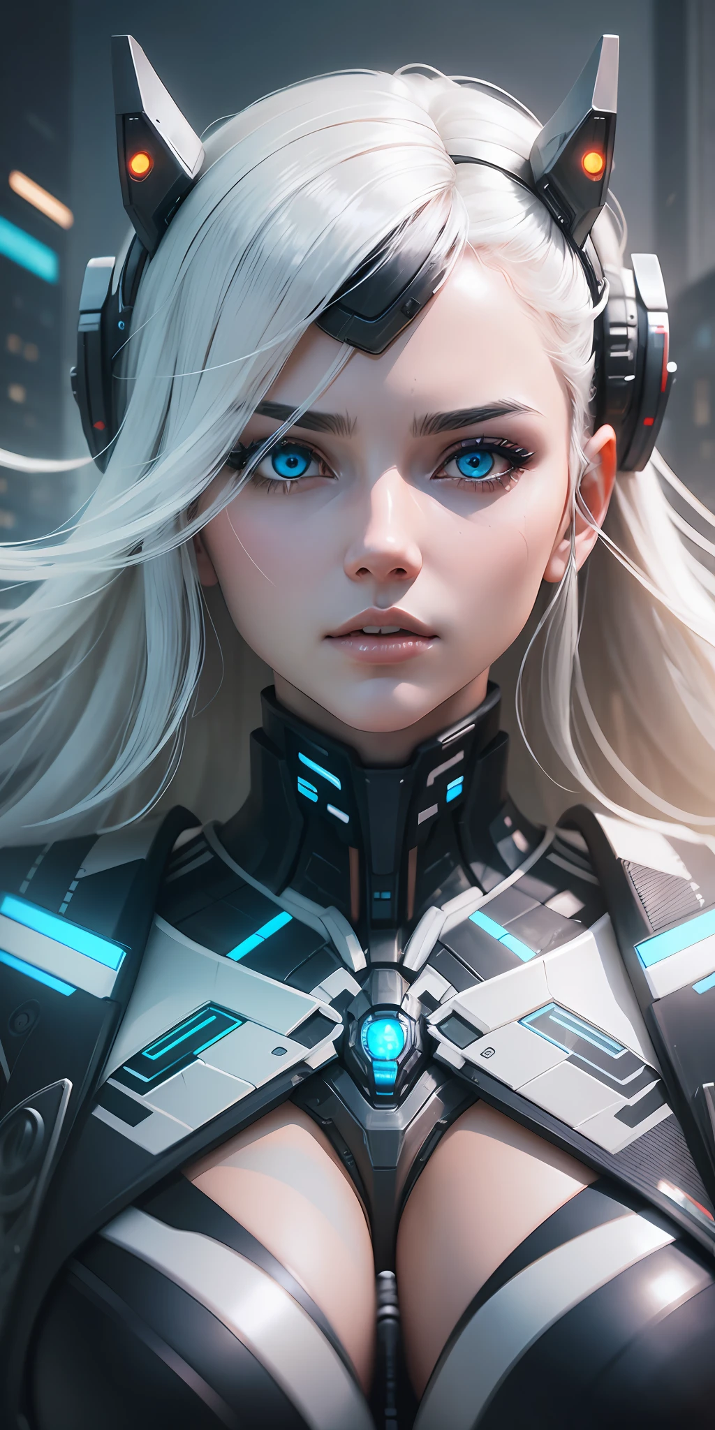 Complex 3d rendering very detailed beautiful ceramic silhouette female robot face, robot, robot parts, highlighting cyborg world, wide angle lens, cyberpunk painting style, wide angle doom, royal sister, dynamic eyes, sad eyes, mechanical beast, plane far, battleship far, science fiction, sky lightning and thunder, mechanical warframe detailed portrayal, cyberpunk style city, delicate girl face meticulously portrayed face, flowing white long hair floating in the air, dark blue, futuristic city, sci-fi sense --auto --s2