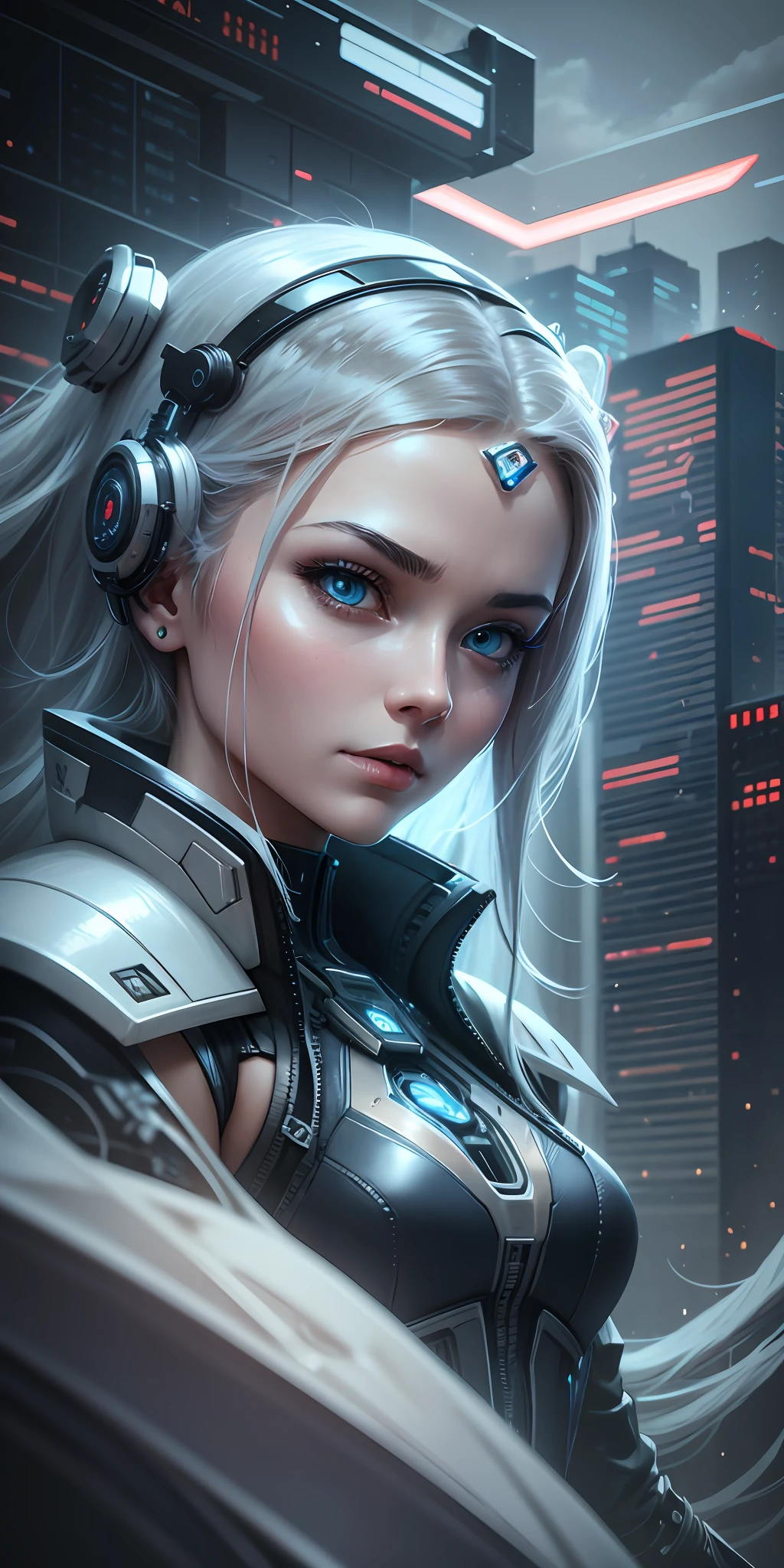 Complex 3d rendering very detailed beautiful ceramic silhouette female robot face, robot, robot parts, highlighting cyborg world, wide angle lens, cyberpunk painting style, wide angle doom, royal sister, dynamic eyes, sad eyes, mechanical beast, plane far, battleship far, science fiction, sky lightning and thunder, mechanical warframe detailed portrayal, cyberpunk style city, delicate girl face meticulously portrayed face, flowing white long hair floating in the air, dark blue, futuristic city, sci-fi sense --auto --s2