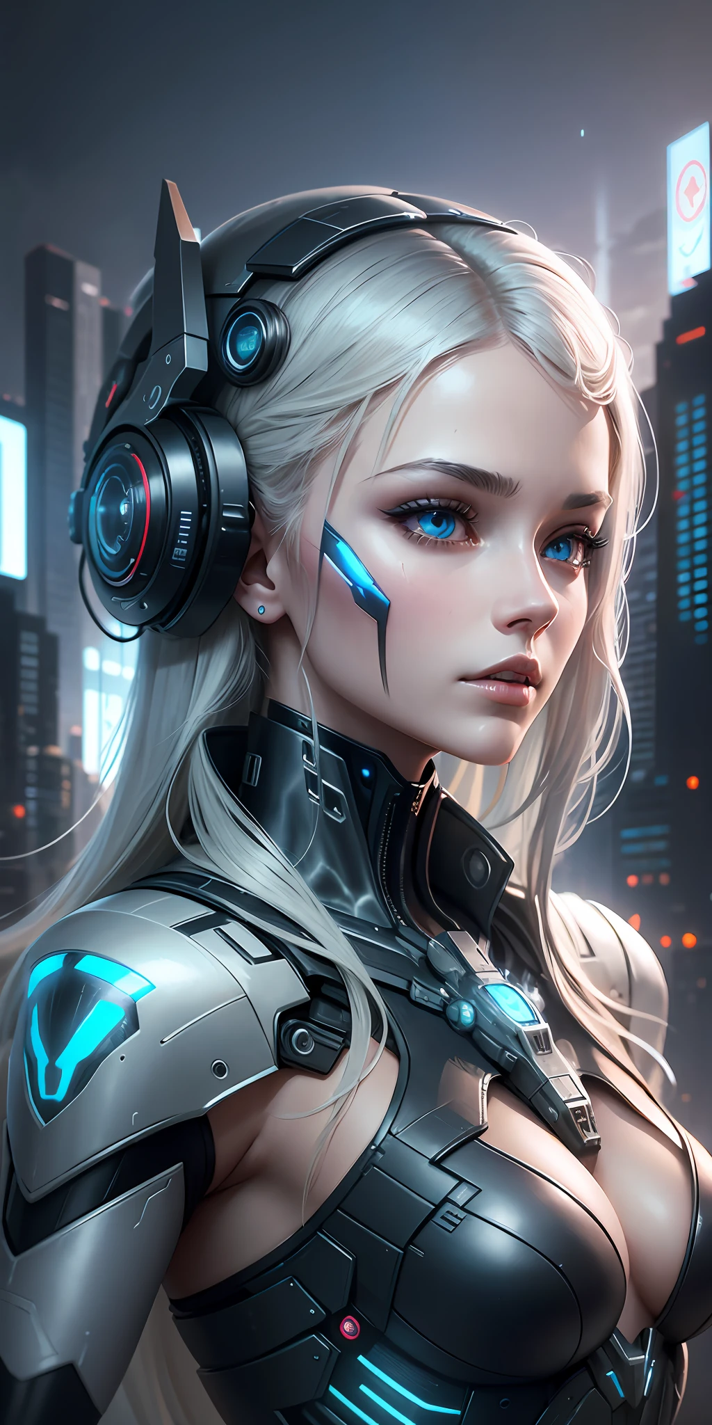 Complex 3d rendering very detailed beautiful ceramic silhouette female robot face, robot, robot parts, highlighting cyborg world, wide angle lens, cyberpunk painting style, wide angle doom, royal sister, dynamic eyes, sad eyes, mechanical beast, plane far, battleship far, science fiction, sky lightning and thunder, mechanical warframe detailed portrayal, cyberpunk style city, delicate girl face meticulously portrayed face, flowing white long hair floating in the air, dark blue, futuristic city, sci-fi sense --auto --s2