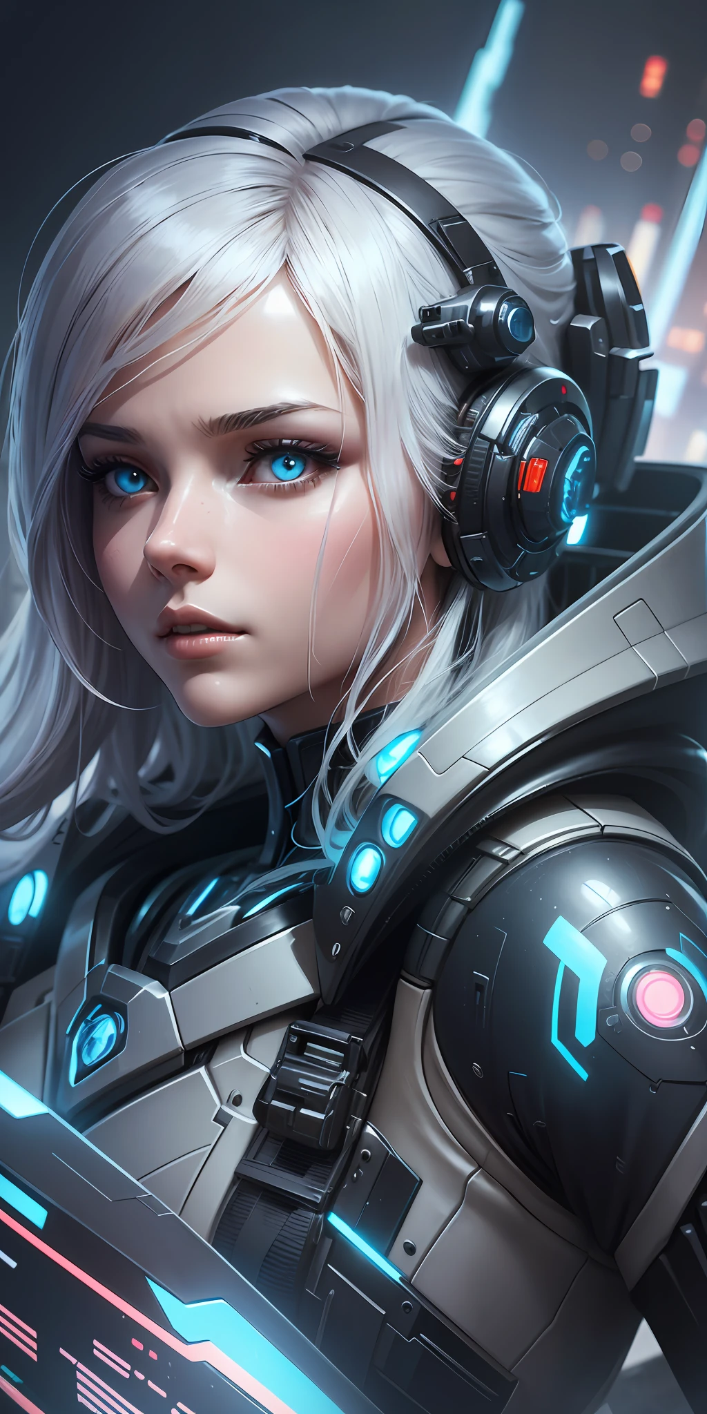 Complex 3d rendering very detailed beautiful ceramic silhouette female robot face, robot, robot parts, highlighting cyborg world, wide angle lens, cyberpunk painting style, wide angle doom, royal sister, dynamic eyes, sad eyes, mechanical beast, plane far, battleship far, science fiction, sky lightning and thunder, mechanical warframe detailed portrayal, cyberpunk style city, delicate girl face meticulously portrayed face, flowing white long hair floating in the air, dark blue, futuristic city, sci-fi sense --auto --s2