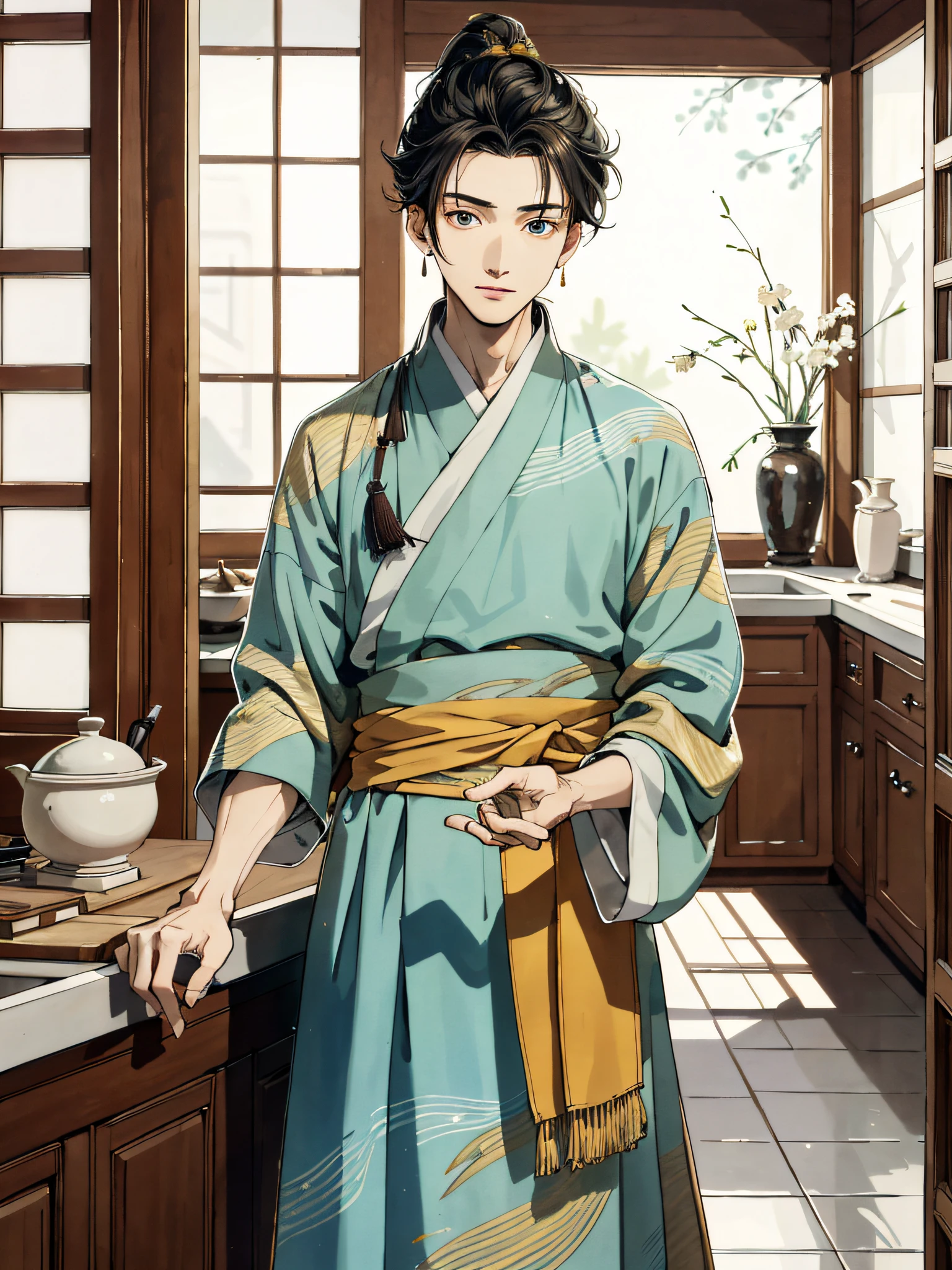 absurd, high definition, super detailed, texture details, clear presentation, HD details, detail performance, fine details, clear face, precise restoration, clear eyeballs, (1 person: 1.3), hand-drawn, simple lines, an 18-year-old man in colorful Hanfu, standing in ancient kitchen, masterpiece, interior, kitchen,
