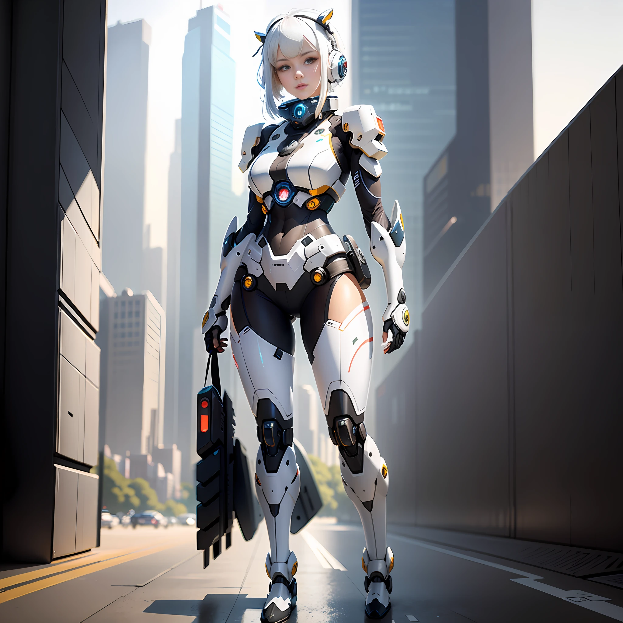 (Mecha Girl: 1.2), bangs, white hair, half-human, half-mech, solo, (Tech City 1.2), trending on artstation, 8k resolution, very detailed, clear images, digital painting, concept art, fashion trends on pixiv, Makoto Shinkai's style,