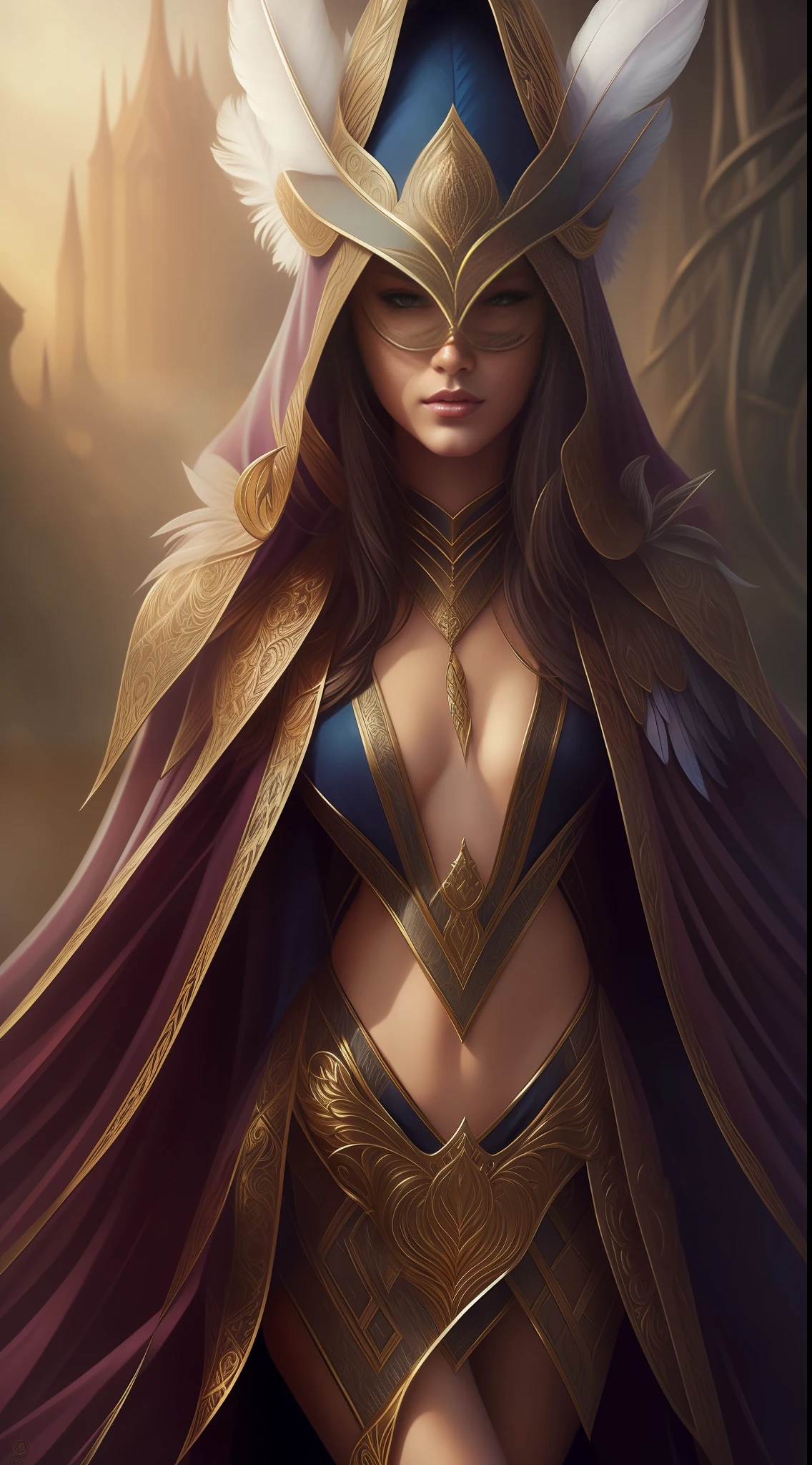 A woman wearing a mask, with a feather on her head, a feather cloak on her head, Artgerm, epic fantasy figure art, realistic painting, fantasy art