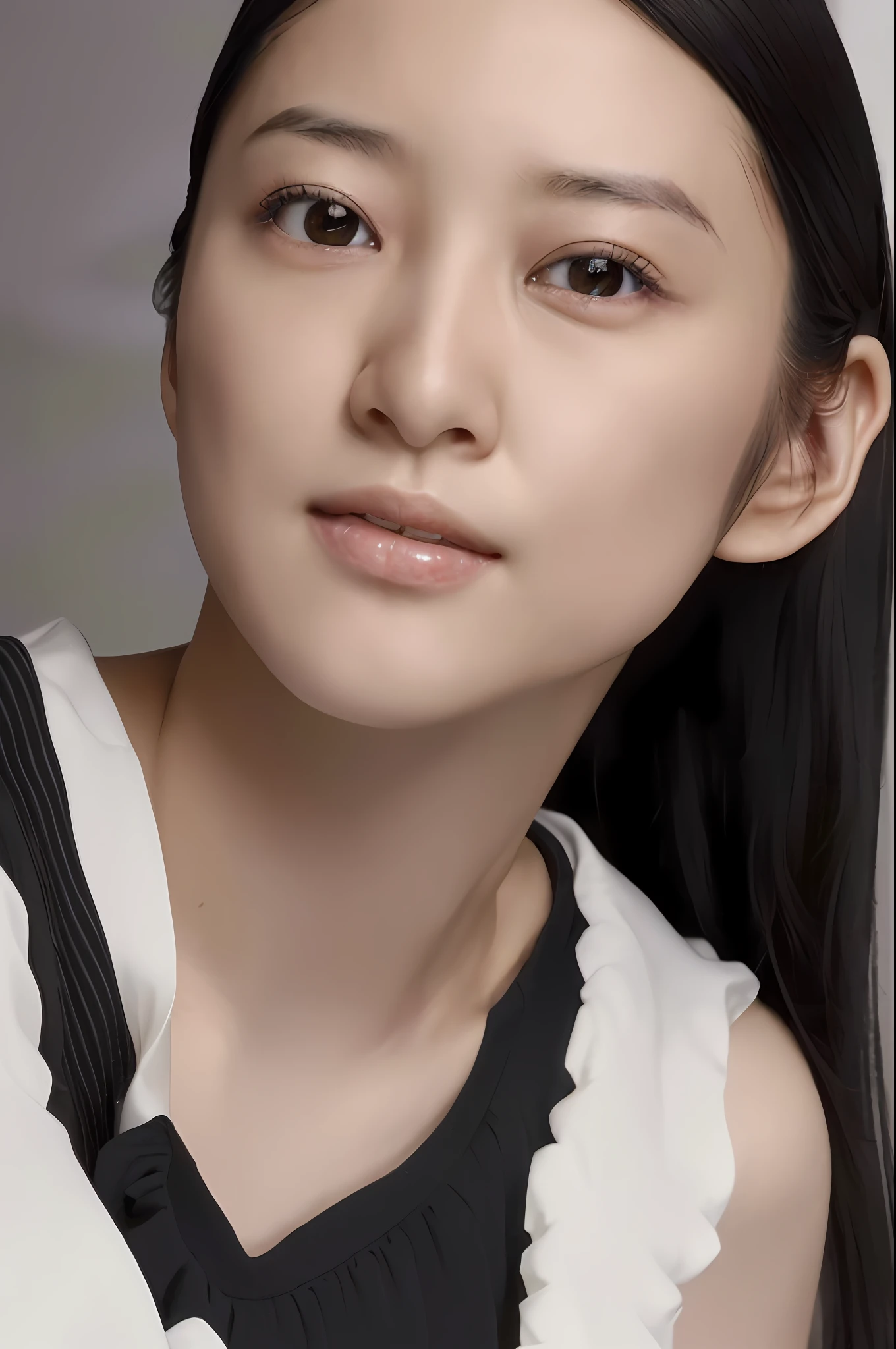 (4k,   best quality, highres:1.2), (realistic, photo-realistic:1.37),  Emi Takei, 1girl, solo,   black_hair, long hair, realistic, (looking_at_viewer:1.3),   dress, lips, nose, detailed eyes, (pale skin:1.3),