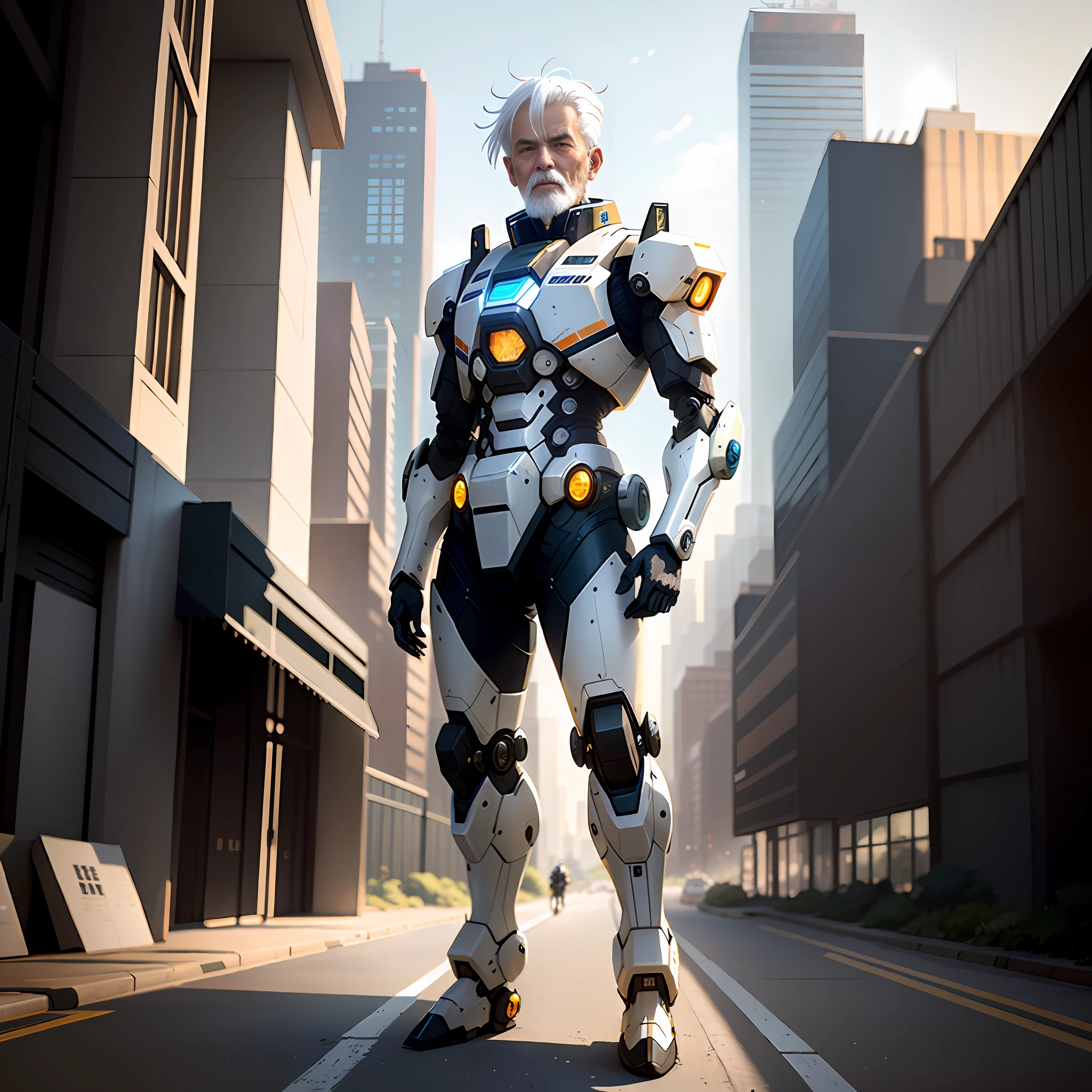 (Mecha Old Man: 1.2), bangs, white hair, half-human, half-mech, solo, (Tech City 1.2), trending on artstation, 8k resolution, very detailed, clear images, digital painting, concept art, fashion trends on pixiv, Makoto Shinkai's style,