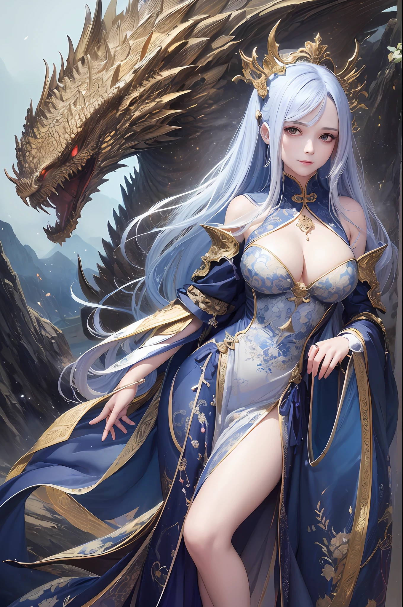 arafed image of a woman in a long dress with a dragon, an ultrafine detailed painting by Yang J, pixiv contest winner, fantasy art, loong, chinese dragon concept art, chengwei pan on artstation, chinese fantasy, trending on artstation pixiv, a beautiful fantasy empress, palace ， a girl in hanfu --auto --s2