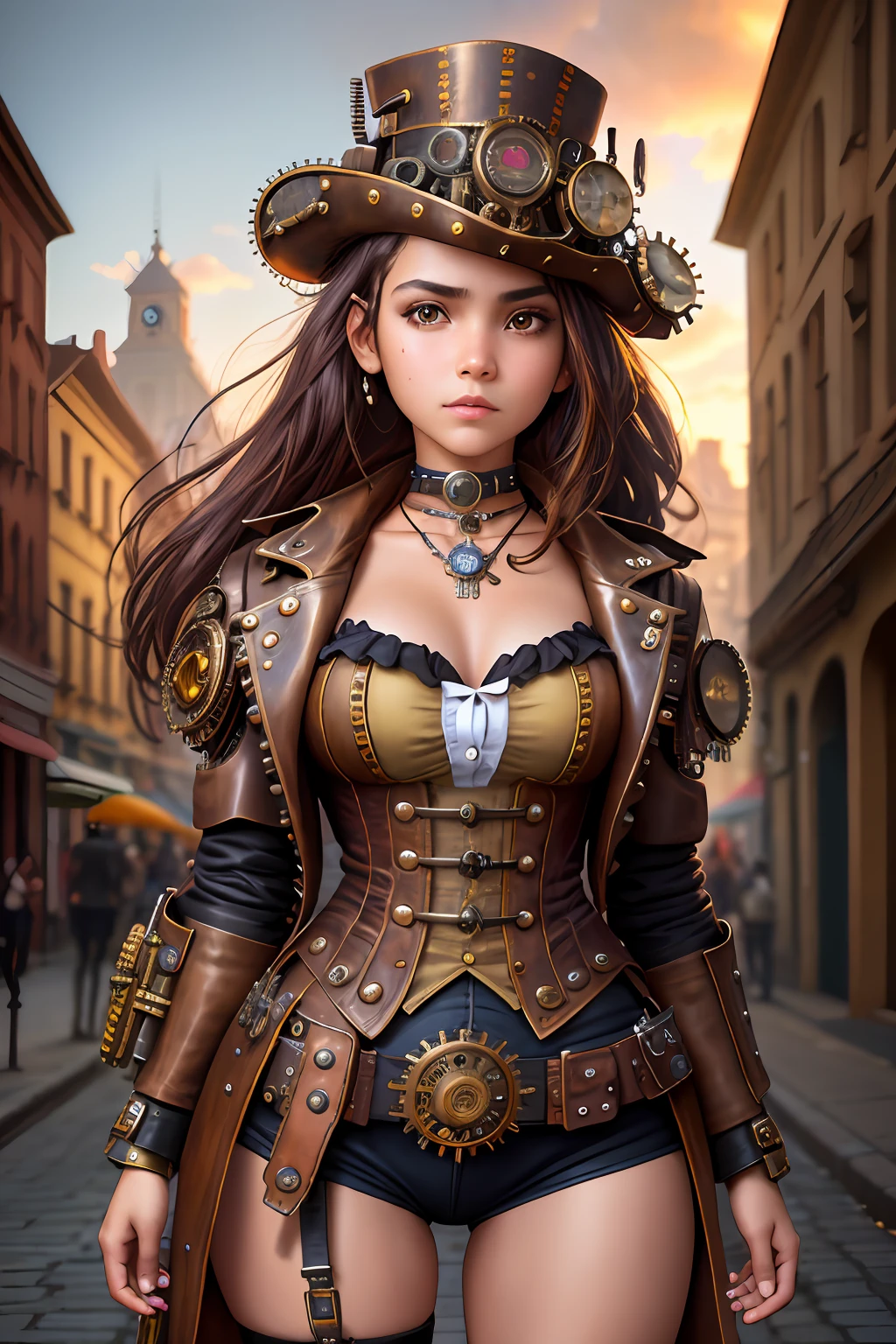 Columbian 13 year old girl, half body view, (front to camera), detailed european face, (aspiring facial expression), (((steampunk style close))), ((steampunk city on the background)), RAW, analog style, ultra detailed photograph, cinematic lighting, artstation, 4k, sharp focus, high resolution, detailed skin, detailed eyes,