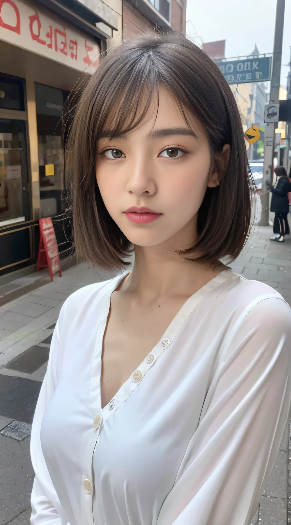 ((Best Quality, 8K, Masterpiece: 1.3)), Sharp: 1.2, Perfect Body Beauty: 1.4, Slim Abs: 1.2, ((Layered Haircut, Medium Breasts: 1.2)), (Slim White Button Long Shirt: 1.1), City Street: 1.2, Highly Detailed Facial and Skin Texture, Delicate Eyes, Double Eyelids