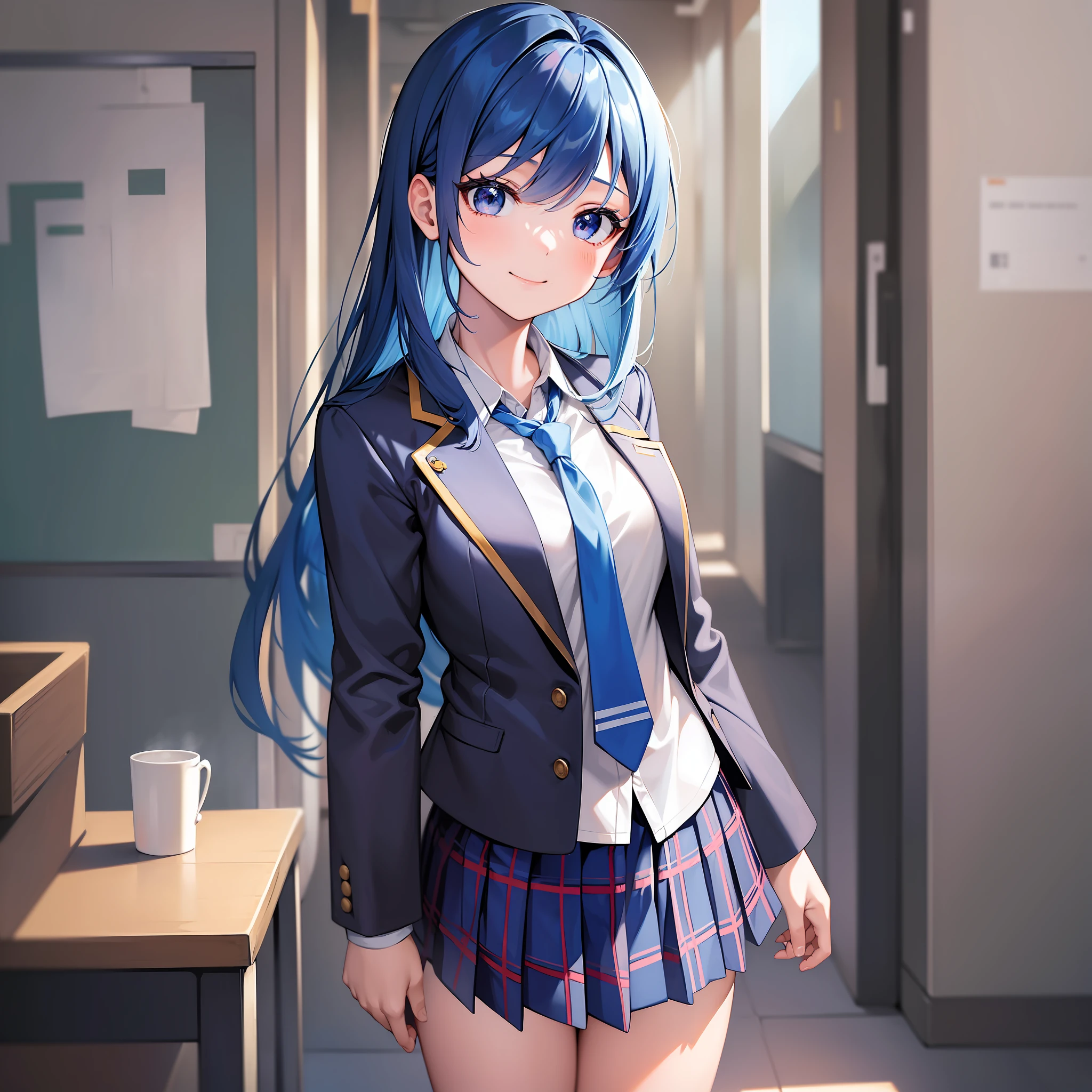 ((masterpiece, best quality, animate_style, very detailed)), 1female_child, solo, emaciated, standing, looking_at_viewer, kawaii, full_body, smile, blue_hair, long_hair, school_uniform, blue_necktie, darkblue jacket, plaid_skirt, pleated_skirt