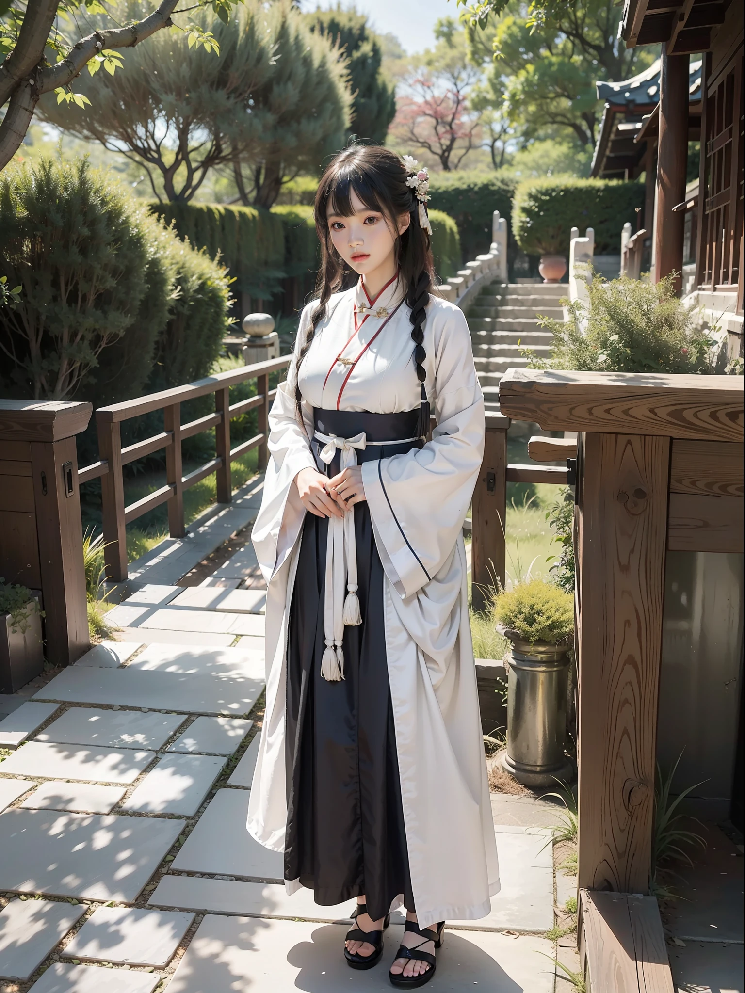 There is a woman in a long skirt standing on the stone walkway, white Hanfu, Hanfu, palace, a girl in Hanfu, wearing ancient Chinese clothing, wearing ancient Chinese clothing, wearing traditional Chinese clothing, wearing fluent long clothes, Chinese clothing, flowing hair and robes, long beautiful flowing kimono, hakama kimono, (big breasts: 1.2), (Qi bangs), (ring finger diamond ring), masterpiece, realistic