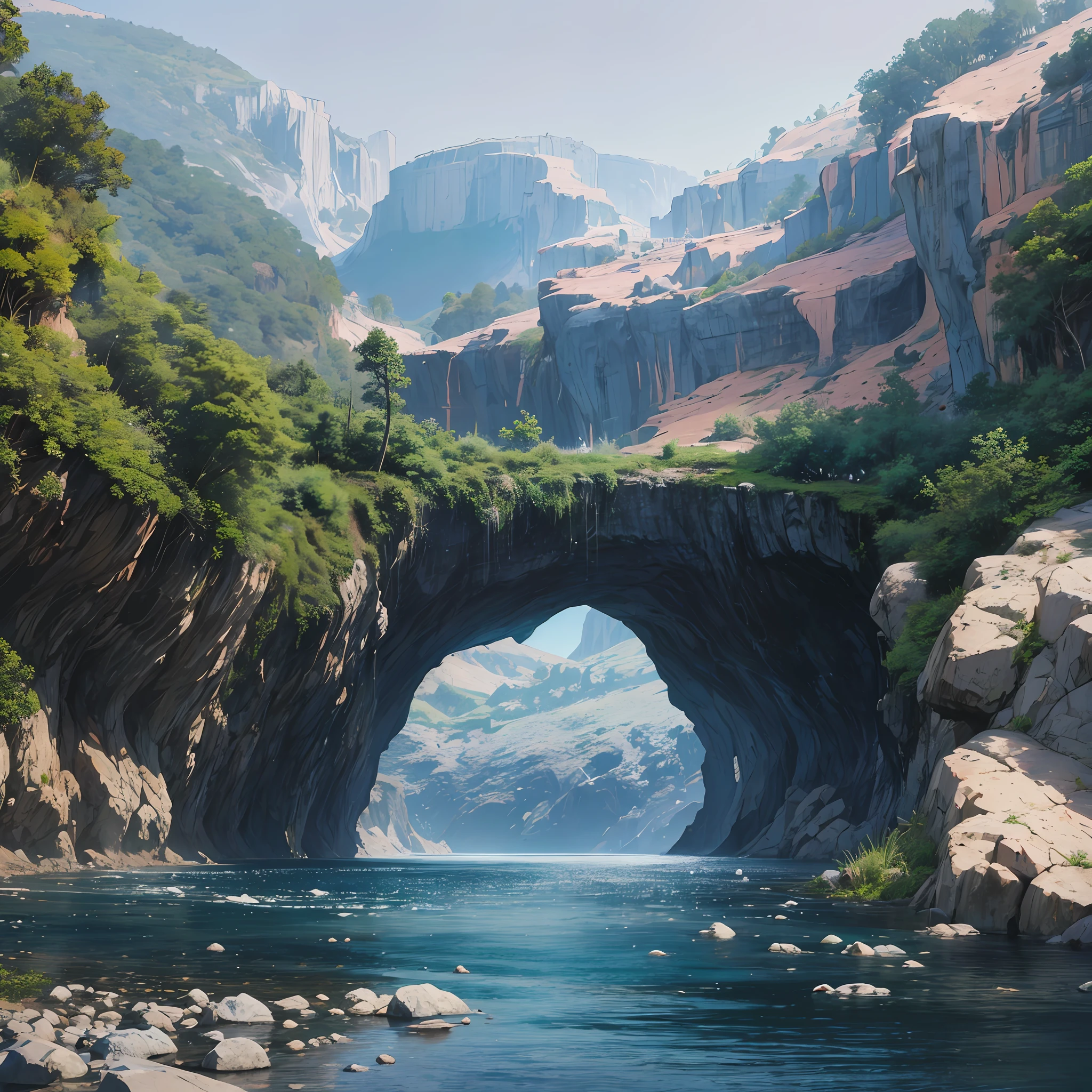 Valley, a huge mysterious cave with smoke at the mouth of the cave, perfect quality, clear focus --auto --s2