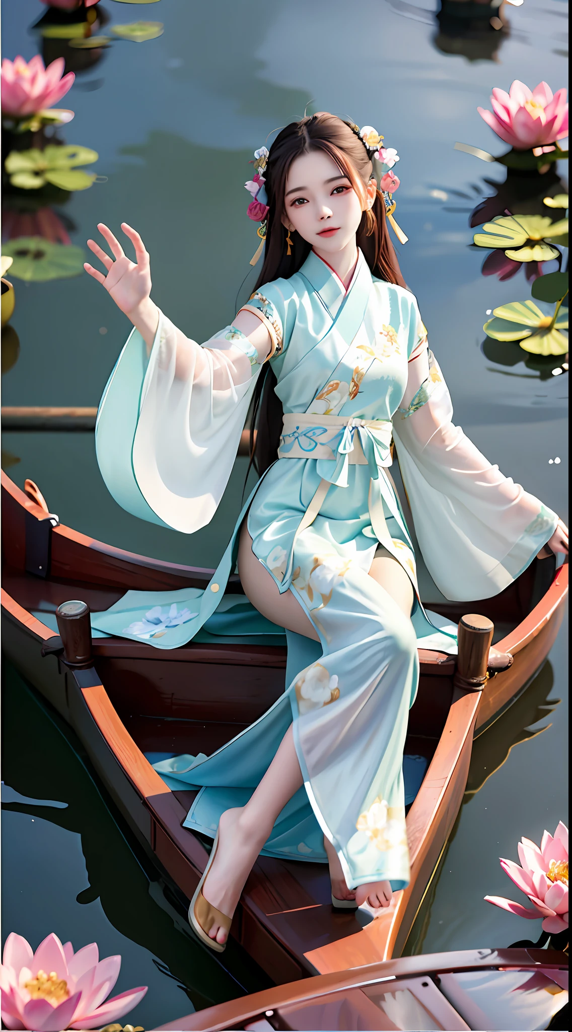 Absurd, high resolution, super detailed, (1 girl:1.3), hand drawn, simple lines, 16 year old girl in colorful Chinese Hanfu, beautiful girl, in lotus pond, masterpiece, floating clothes, floating long hair, sitting on a small wooden boat