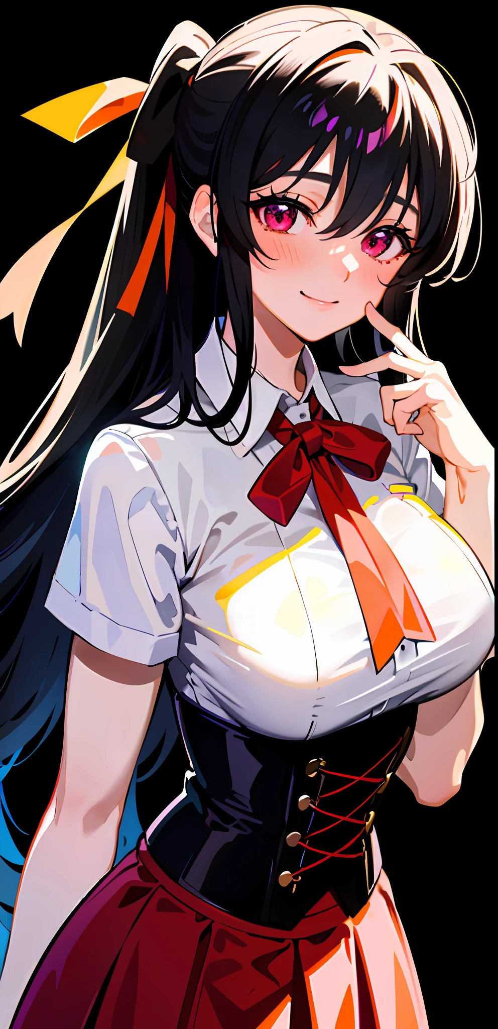 masterpiece, best quality, 1girl, looking at viewer, cute, school uniform, white shirt, skirt, red skirt, orange ribbon, black corset, large breasts, pink eyes, himejima akeno, black hair, long hair, beautiful detailed eyes, beautiful detailed glow, lots of glow, embarrassed, (upper body:1.4), smile, yellow hair ribbon