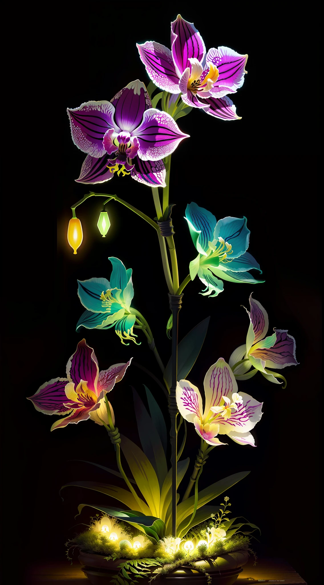 Ant nest filled with glow in the dark orchids, art, fantasy