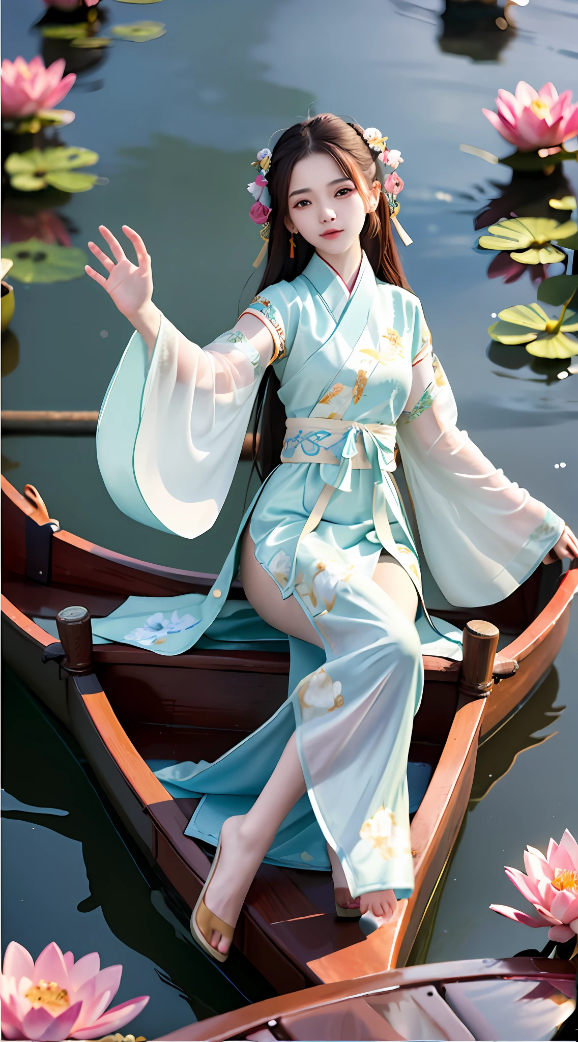 Absurd, high resolution, super detailed, (1 girl:1.3), hand drawn, simple lines, 16 year old girl in colorful Chinese Hanfu, beautiful girl, in lotus pond, masterpiece, floating clothes, floating long hair, sitting on a small wooden boat