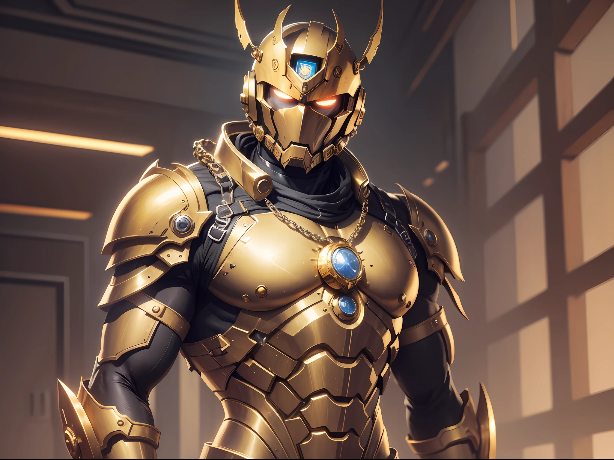 A golden mech warrior with a metal chain wrapped around his body and a clock on his chest