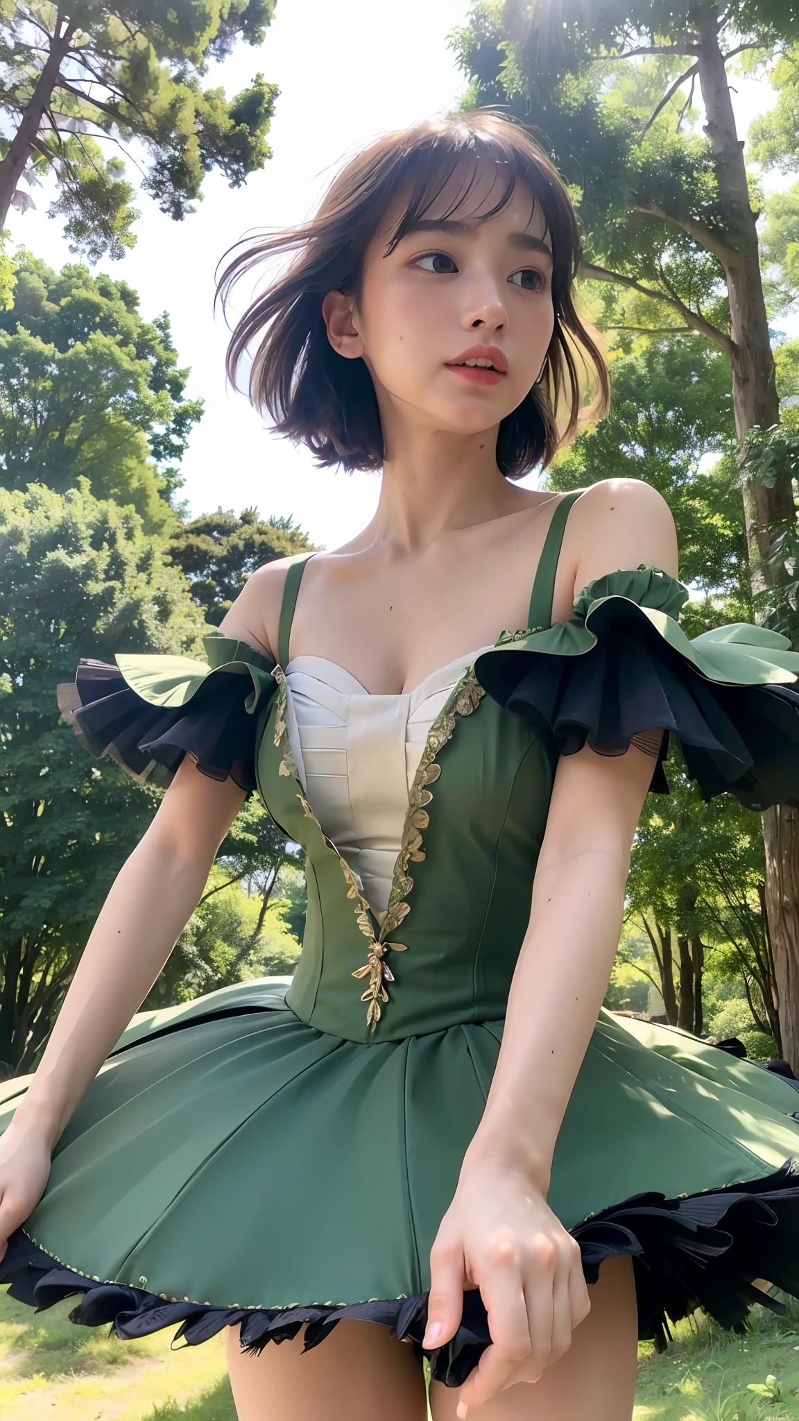 (Best quality, 8k, 32k, Masterpiece, UHD:1.2), Photo of Pretty Japanese woman, 1girl, (RAW photo), (realistic), (photorealistic:1.3), (high res), ultra detailed, Primaballerina_tutu, prima ballerina darkgreen tutu, incredibly beautifull face and eyes, (loli:1.2), round small face, (gigantic breasts, cleavage), thin waist, slim proportions, forest at dawn, (sweaty), from below, crotch,