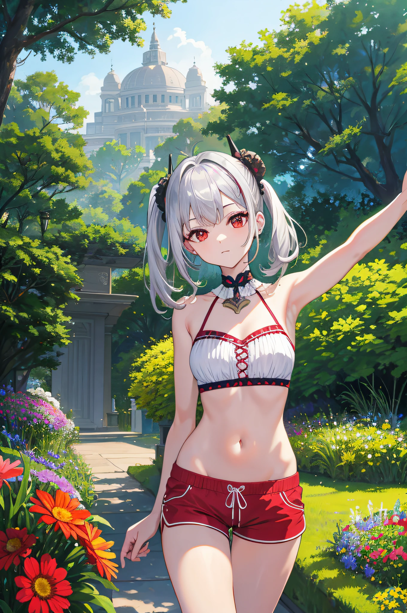 Masterpiece, best picture quality, high resolution, extremely fine detail, exceptional_image, a solo girl, shot from bottom to top, silver hair, red eyes, ringed dragon horns, () shaped lower chest, outdoor shooting, flowers, botanical garden, dolphin shorts, arms stretched behind the back.