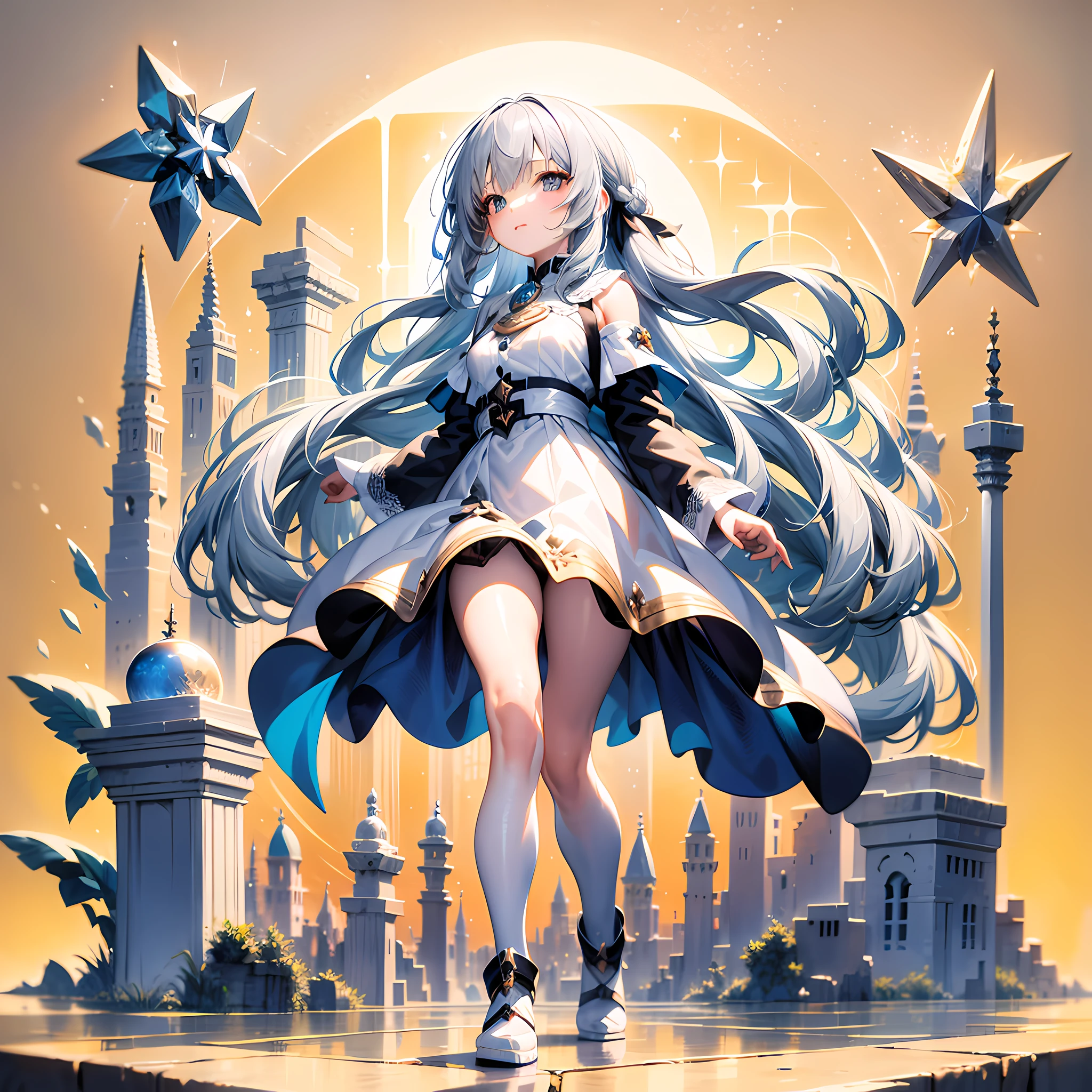 [(white background:1.8] (isometric:1.0), double exposure, lace, far shot, full body,//1 girl,  ancient magical city ruins, technological artifacts, bananas, Best quality astrologer girl with gothic clothing, silver hair in twintails, stars and tarot themed, ancient technology theme, splash art. has soft muted colors, light particles,starry sky, magic book, crystal ball