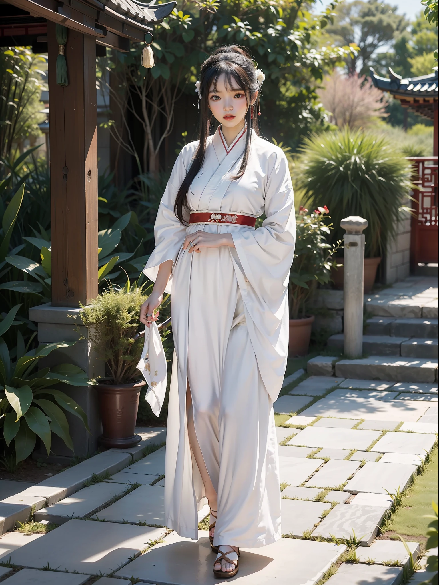 There is a woman in a long skirt standing on the stone walkway, white Hanfu, Hanfu, palace, a girl in Hanfu, wearing ancient Chinese clothing, wearing ancient Chinese clothing, wearing traditional Chinese clothing, wearing fluent long clothes, Chinese clothing, flowing hair and robes, long beautiful flowing kimono, hakama kimono, (big breasts: 1.2), (Qi bangs), (ring finger diamond ring), masterpiece, realistic