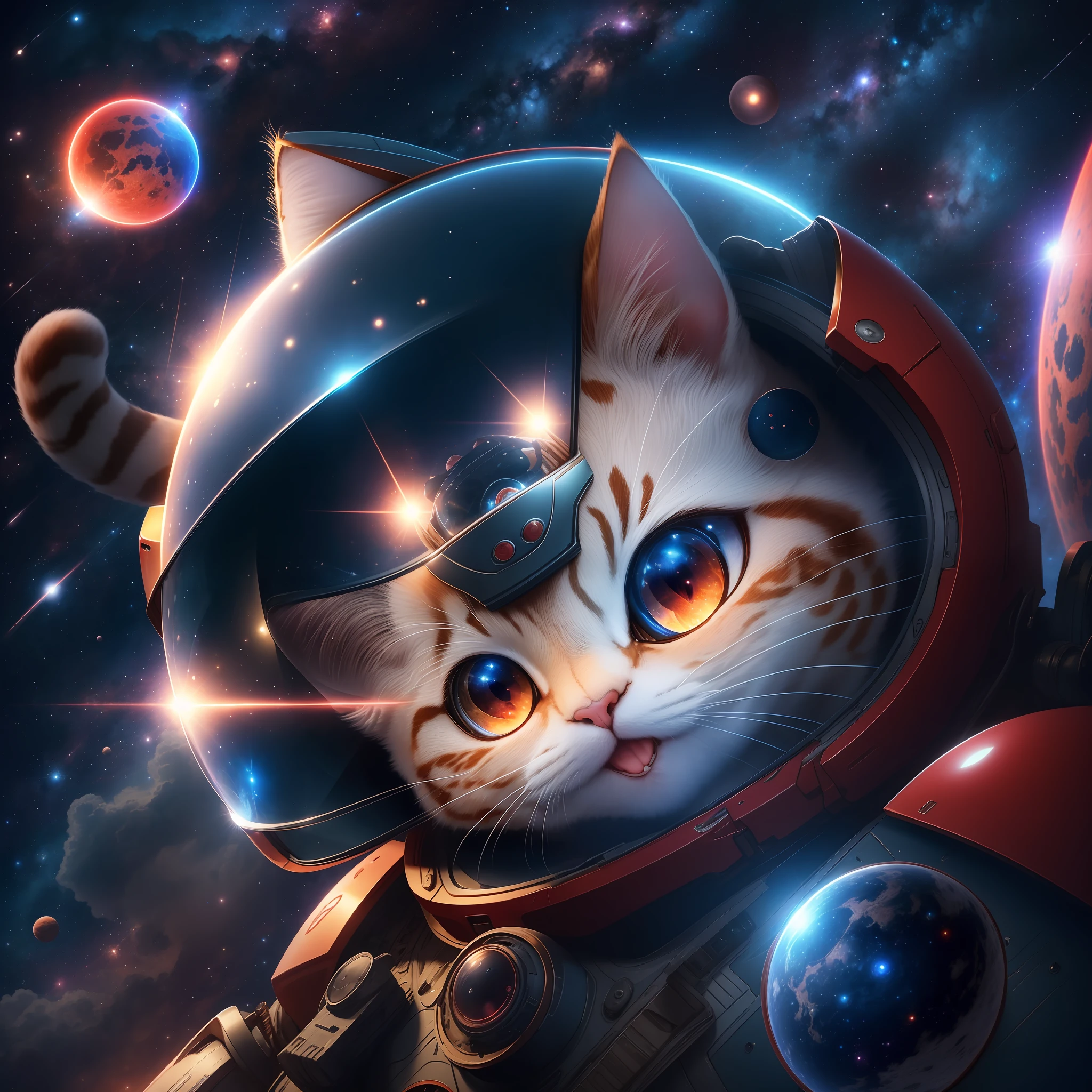 CG rendering of delicate scene, a cat, full character, big red eyes,wearing astronomy spacesuit and helmet, floating in blue sky by 2 planets, eyes focus, extremely detailed, ultra-wide shot, best quality, highres, Logo,perfect face,open mouth like smile, high resolution, Detail,