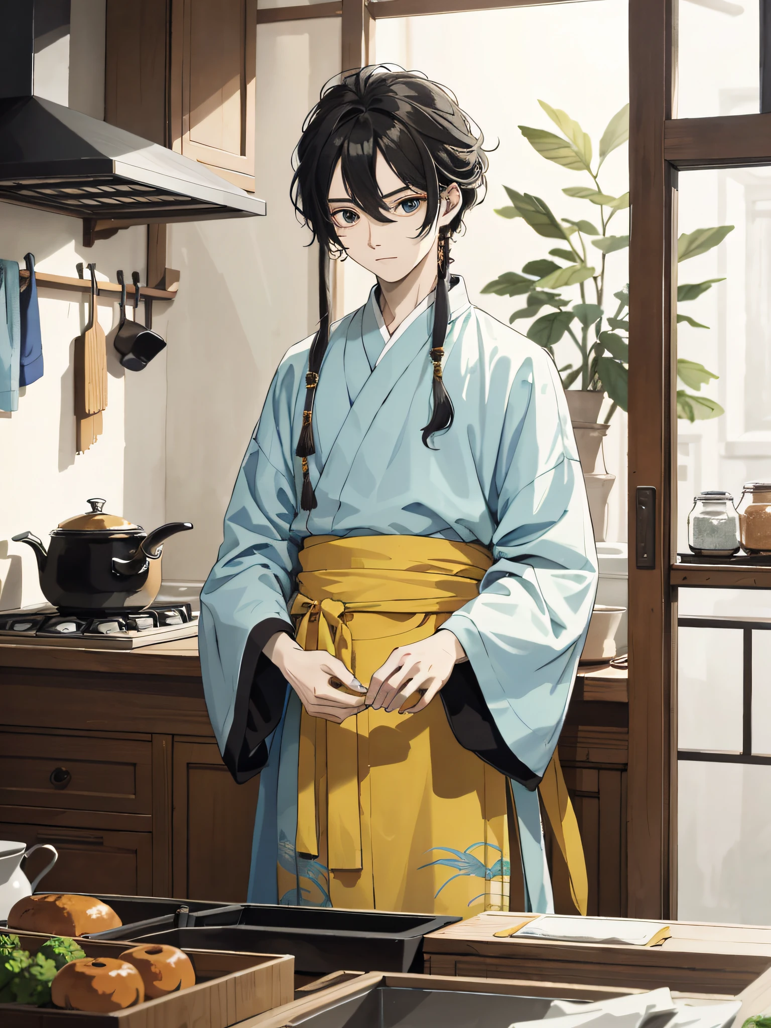 Absurdity, high definition, super detail, texture detail, clear presentation, HD details, detail performance, fine details, clear face, precise restoration, clear eyeballs, (1 person: 1.3), hand-drawn, simple lines, an 18-year-old man in colorful Hanfu, standing in ancient kitchen, masterpiece, interior, kitchen, dynamic expression of thinking