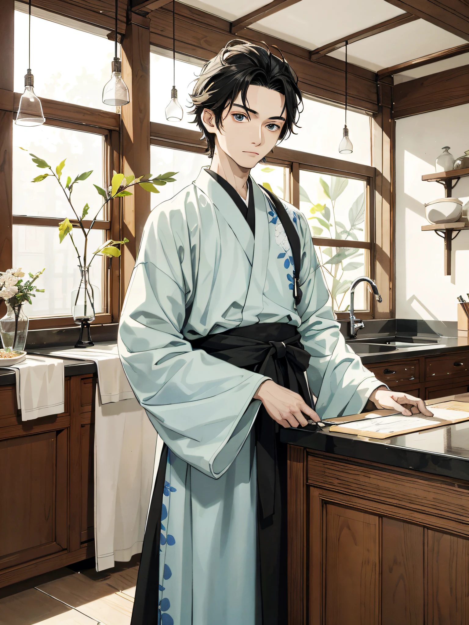 Absurdity, high definition, super detail, texture detail, clear presentation, HD details, detail performance, fine details, clear face, precise restoration, clear eyeballs, (1 person: 1.3), hand-drawn, simple lines, an 18-year-old man in colorful Hanfu, standing in ancient kitchen, masterpiece, interior, kitchen, dynamic expression of thinking