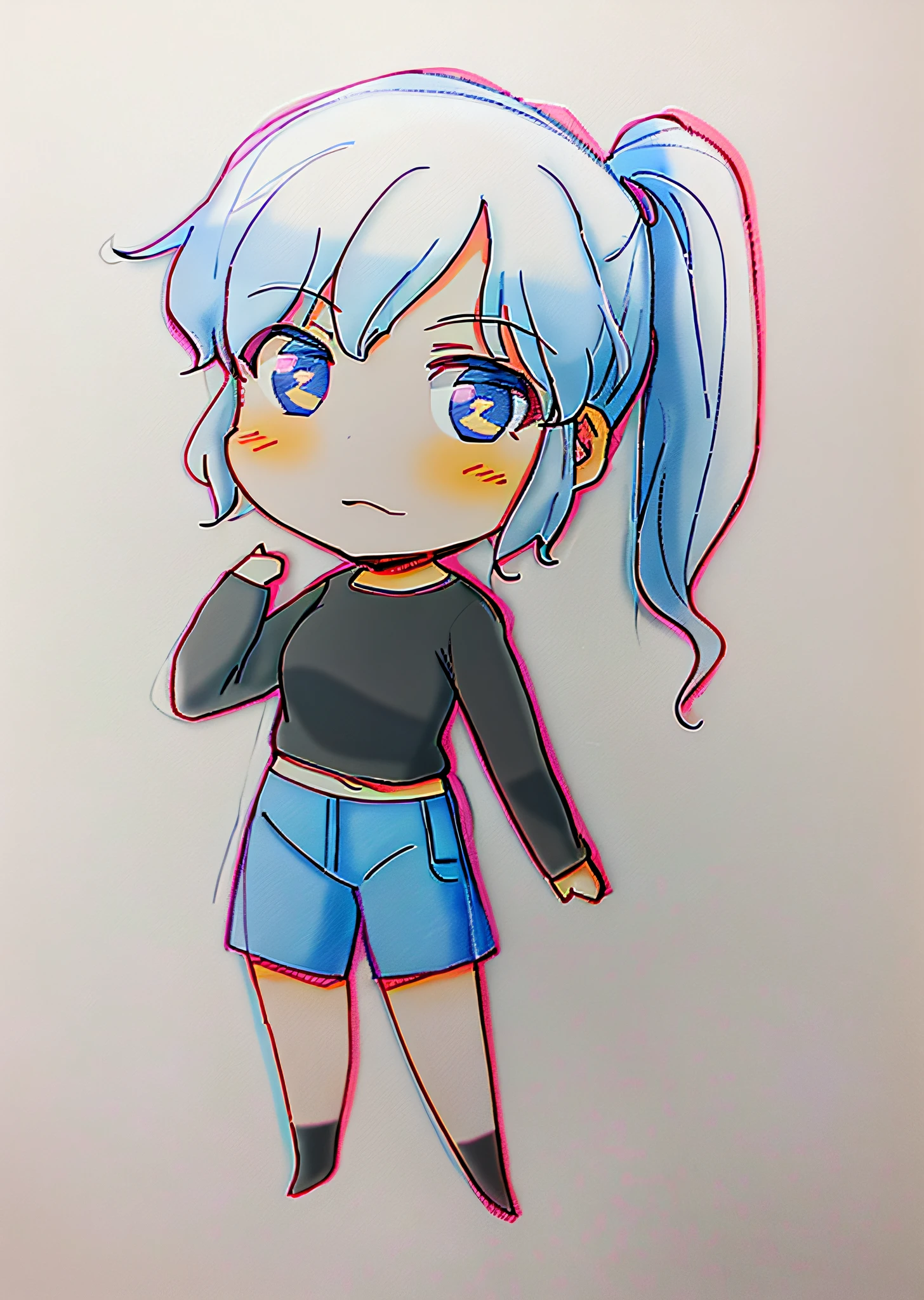 a drawing of a girl with ponytails and a shirt, chibi girl, chibi proportions, clean anime outlines, chibi anime girl, small curvy loli, full body portrait of a short!, anime sketch, flat anime style shading, anime chibi, holding a pudica pose, line sketch!!, small loli girl, anime shading), chibi style, anime style drawing