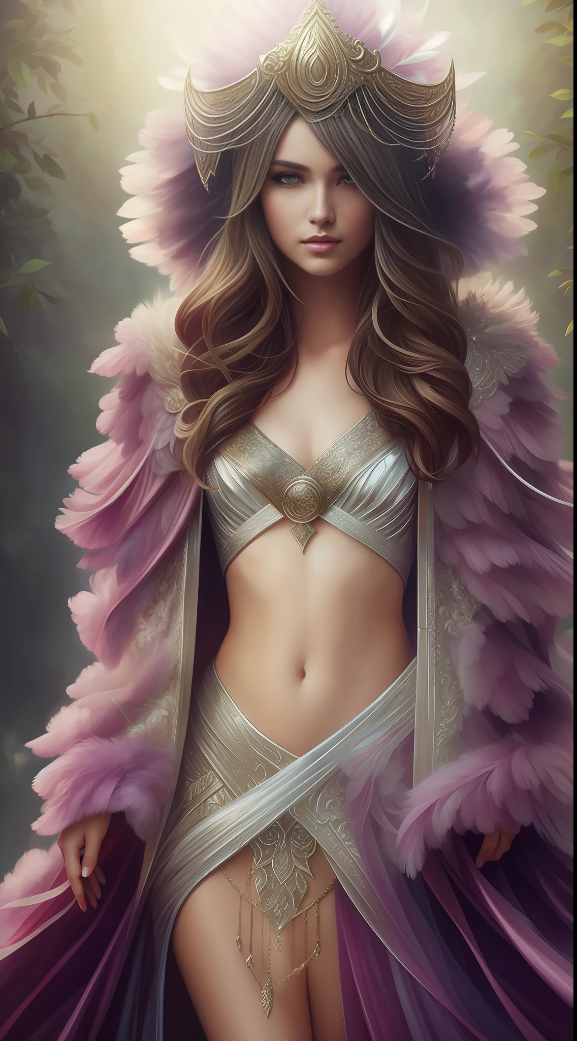 A woman in a feather cloak on her head, Artgerm, epic fantasy figure art, realistic painting, fantasy art light high contrast masterpiece