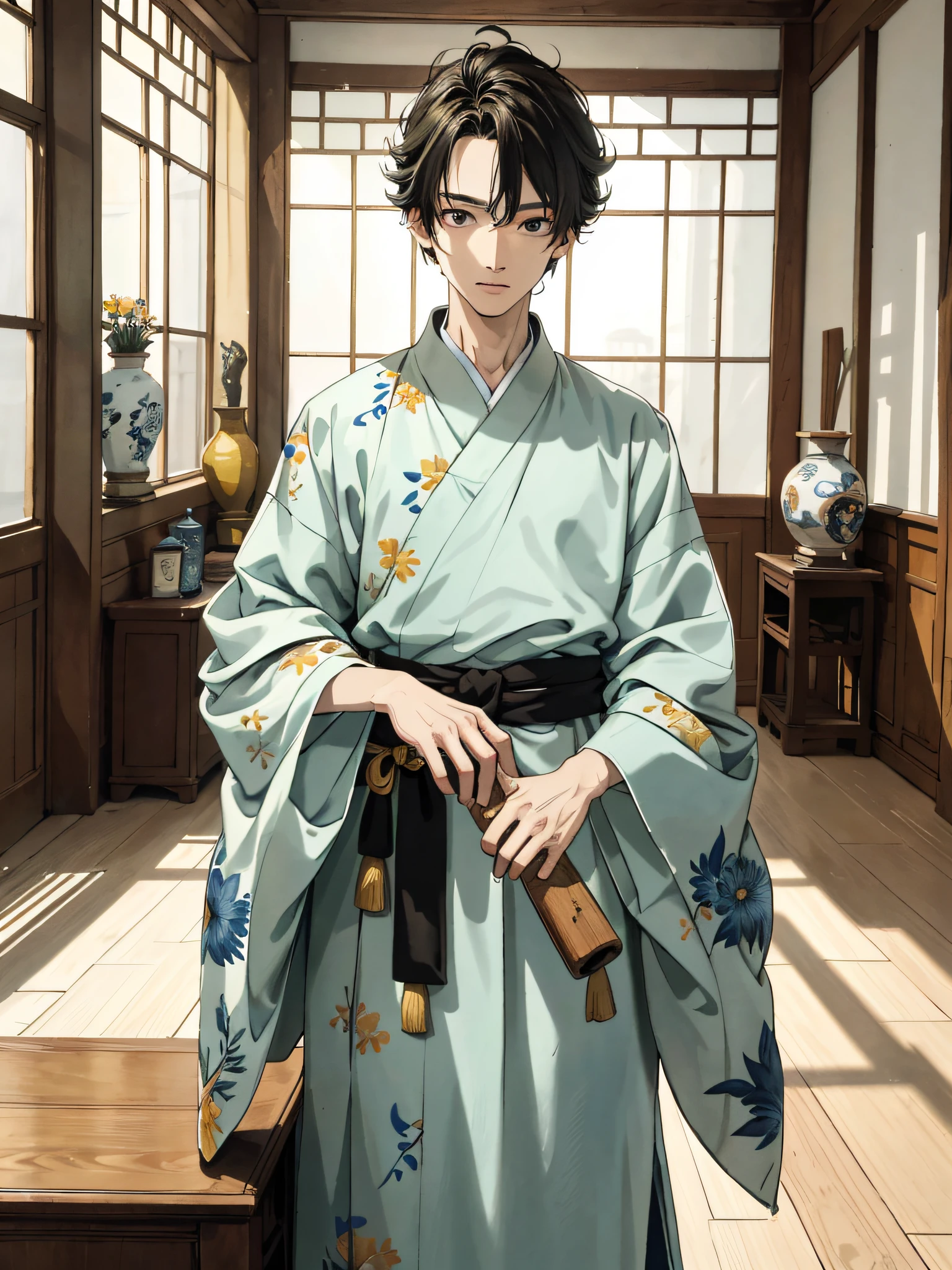 Absurd, high definition, super detailed, texture detail, clear presentation, HD details, detail performance, fine details, clear face, precise restoration, clear eyeballs, (1 person: 1.3), hand-drawn, simple lines, an 18-year-old man in colorful Hanfu, standing in a wooden room, masterpiece, indoors, boxing action