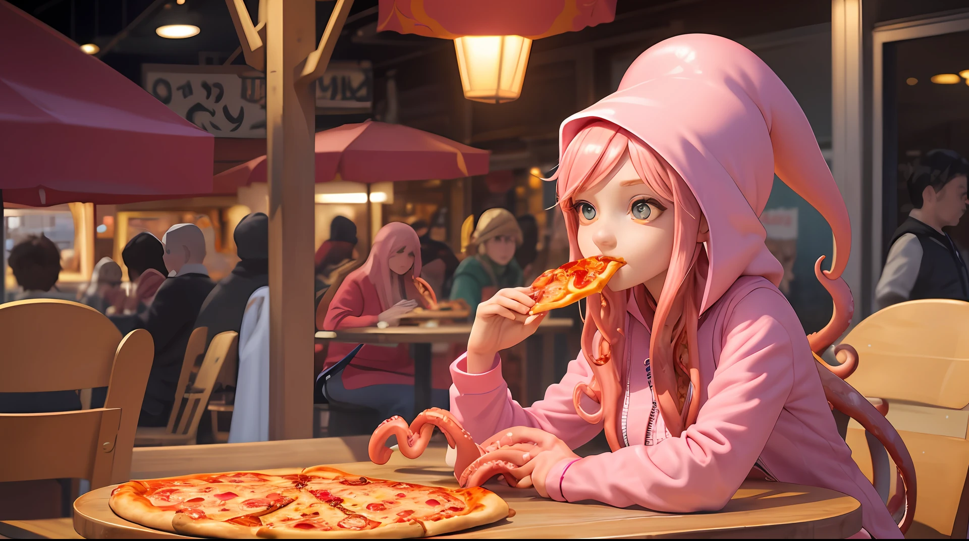 there is a woman sitting at a table with a pizza and octopus tentacles, munching pizza, eating pizza, tentacles wrapped around burgers, pizza!, tentacles around, presenting pizza, humanoid pink female squid girl, eating a pizza, anime food, detailed digital anime art, pizza, amazing food illustration, sharing a pizza, some tentacles are touching her