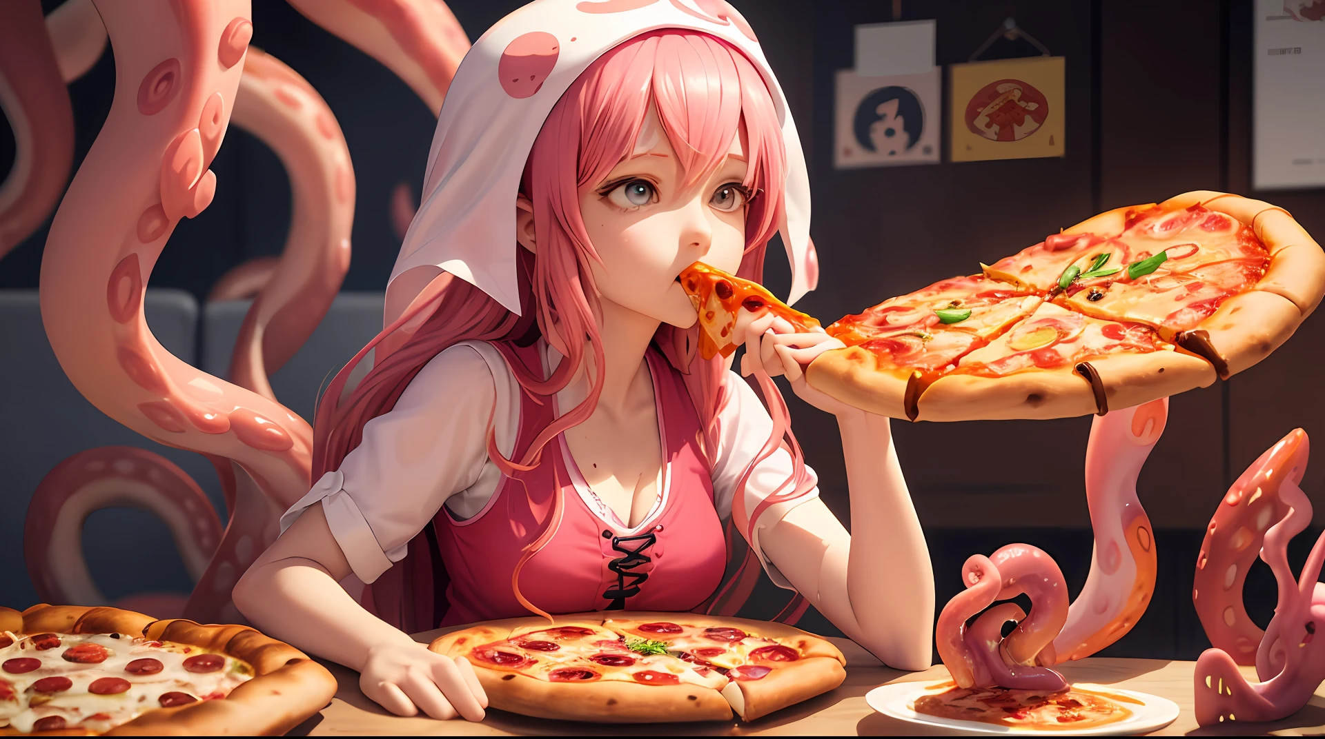 there is a woman sitting at a table with a pizza and octopus tentacles, munching pizza, eating pizza, tentacles wrapped around burgers, pizza!, tentacles around, presenting pizza, humanoid pink female squid girl, eating a pizza, anime food, detailed digital anime art, pizza, amazing food illustration, sharing a pizza, some tentacles are touching her