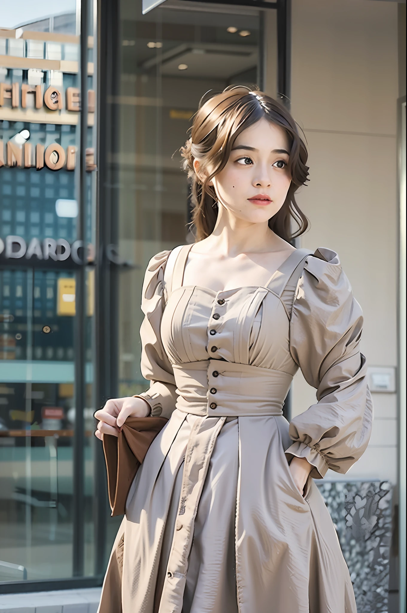 a woman in a brown dress looking out a window, young girl in steampunk clothes, victorian style costume, wearing circle eye glass, wearing 1890s era clothes, victorian dress, victorian inspired clothing, wearing victorian clothes, wearing 1 8 5 0 s era clothes, wearing 1850s era clothes, brown corset, medieval princess, victorian style, with victorian clothing