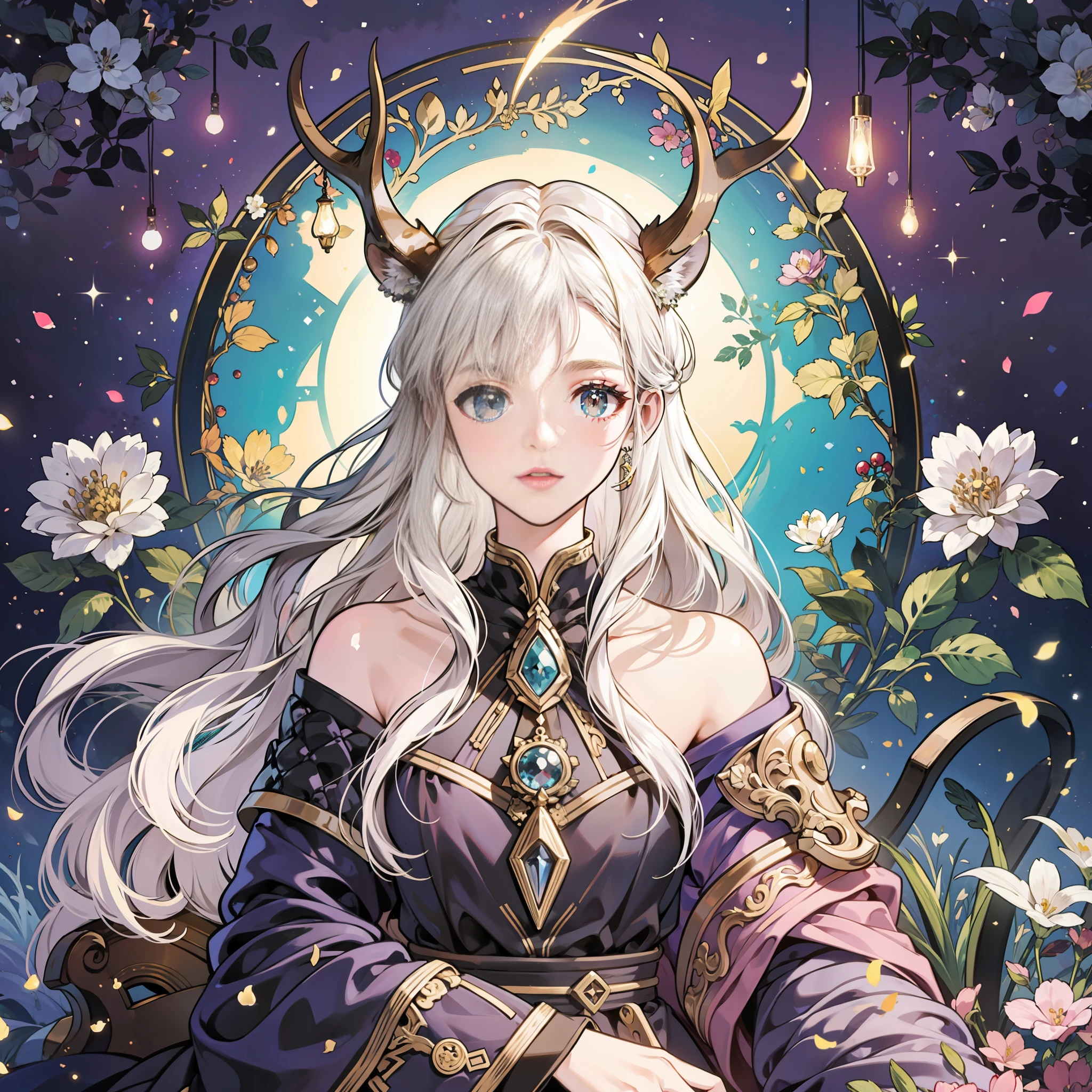 Delicate, aesthetic, deity, high quality, light and shadow effects, sense of atmosphere, forest, elk, maiden, gentle, with long white hair, many colorful trinkets hanging on the antlers, all of which are images of berries, flowers, small animals and other images made of gemstones. Her creamy white anxile length dress has a soft and soft texture like moonlight.