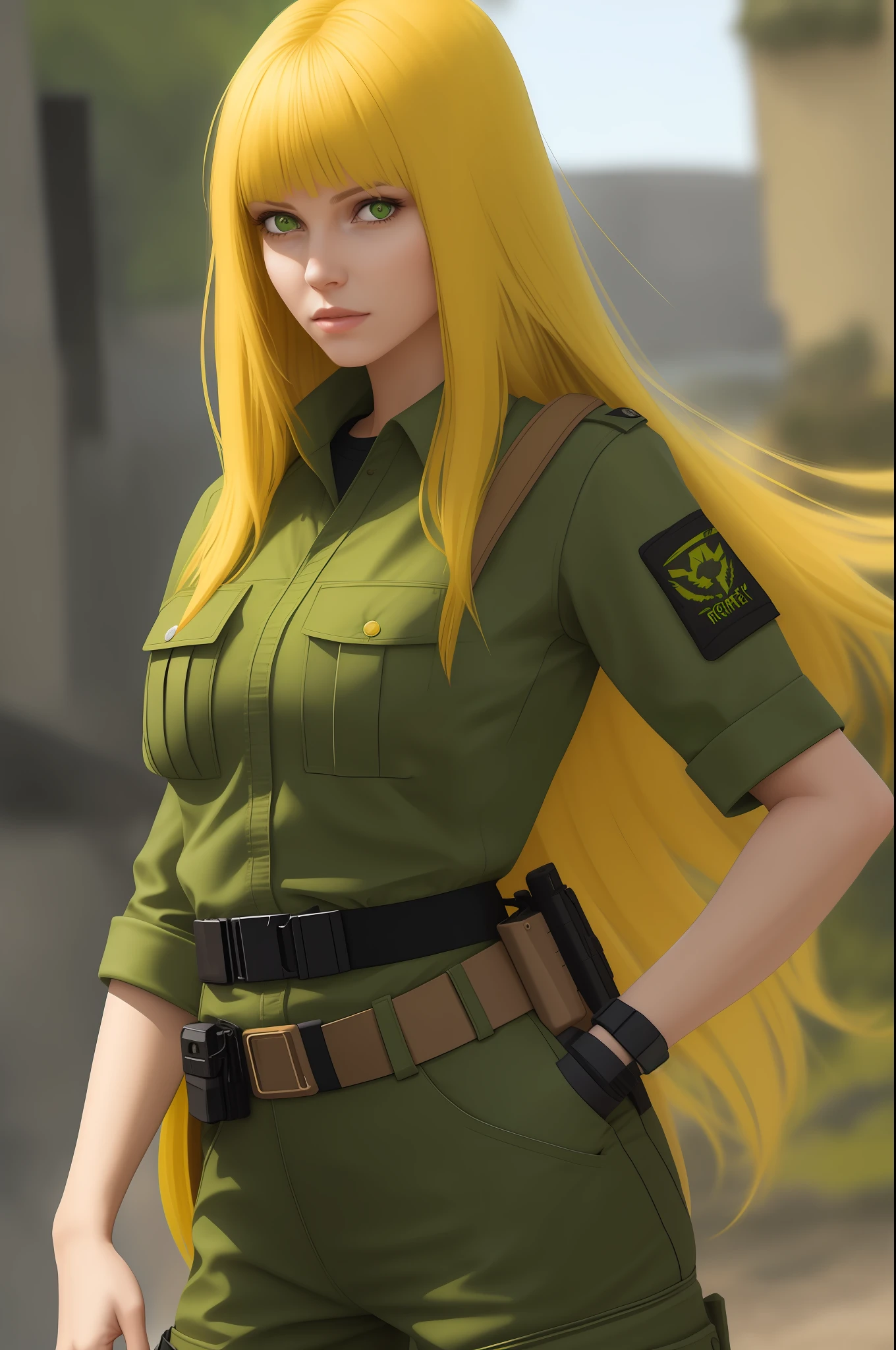 realistic, a woman is yellow long hair, bangs, green eyes,  wearing green cargo outfit, looking a viewer, beautiful female, solo female character, 4k