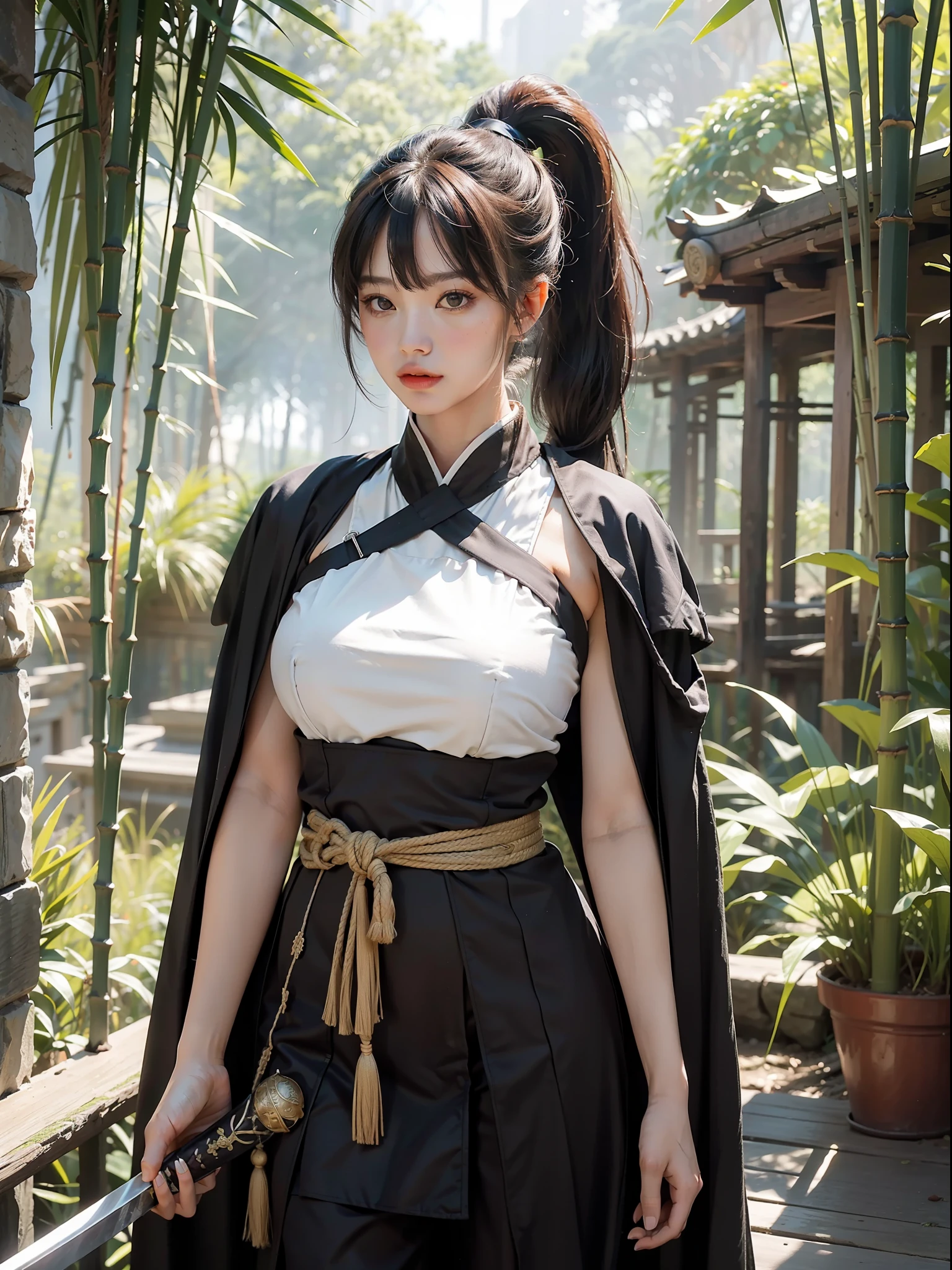 (Female: 1.2), (Big breasts: 1.2), (Qi bangs, ponytail), (Ancient, heroine), Hanfu, (holding a long sword), standing in a bamboo forest with a cloak on his head, masterpiece, realistic