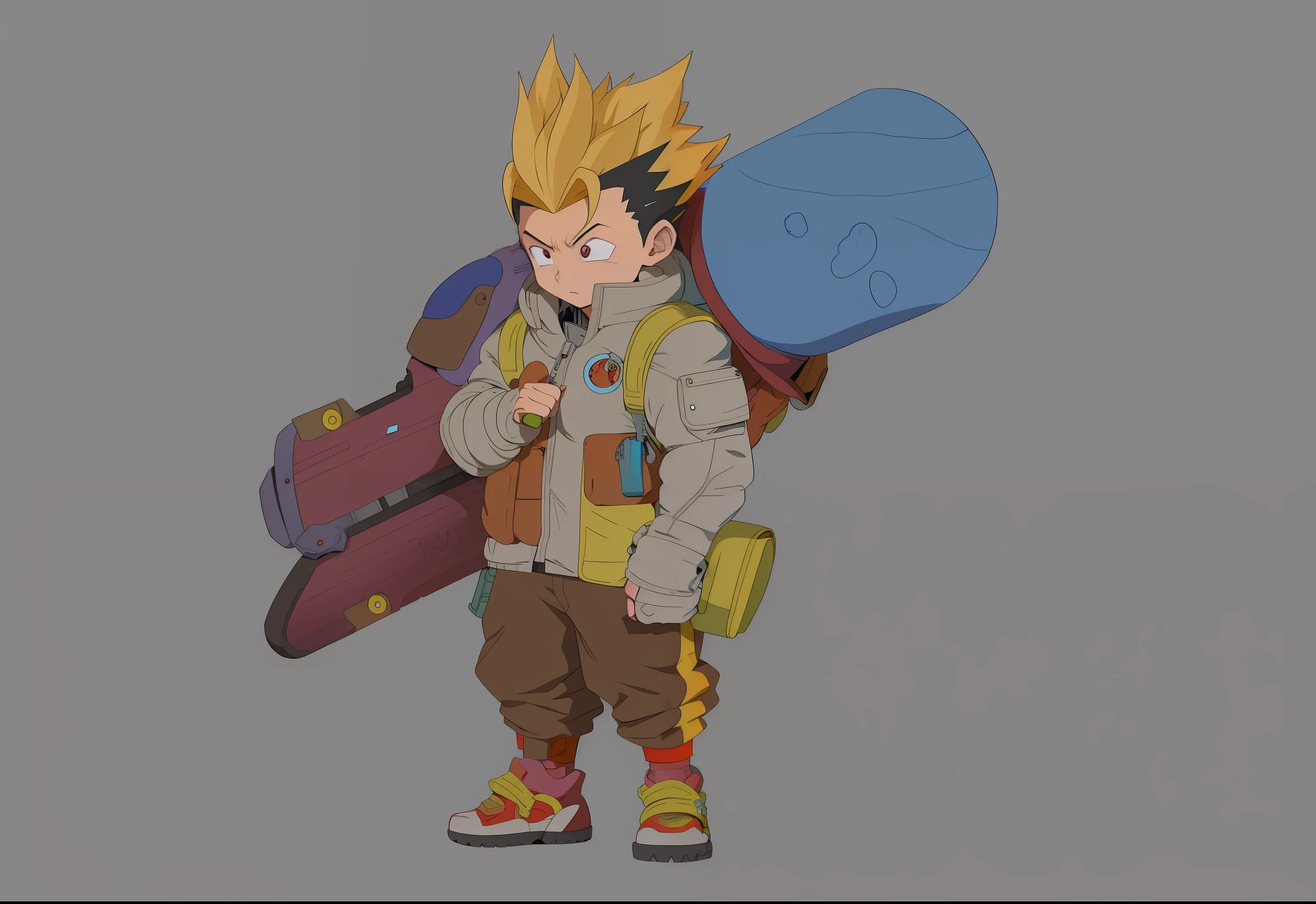 anime character with a backpack and a snowboard in his hand, futuristic tetsuo, akira toriyama style, clean lineart and color, high quality colored sketch, full body concept, inspired by Akira Toriyama, anime style character, ( ( character concept art ) ), full body character concept, dragon ball concept art, kentaro miura art style
