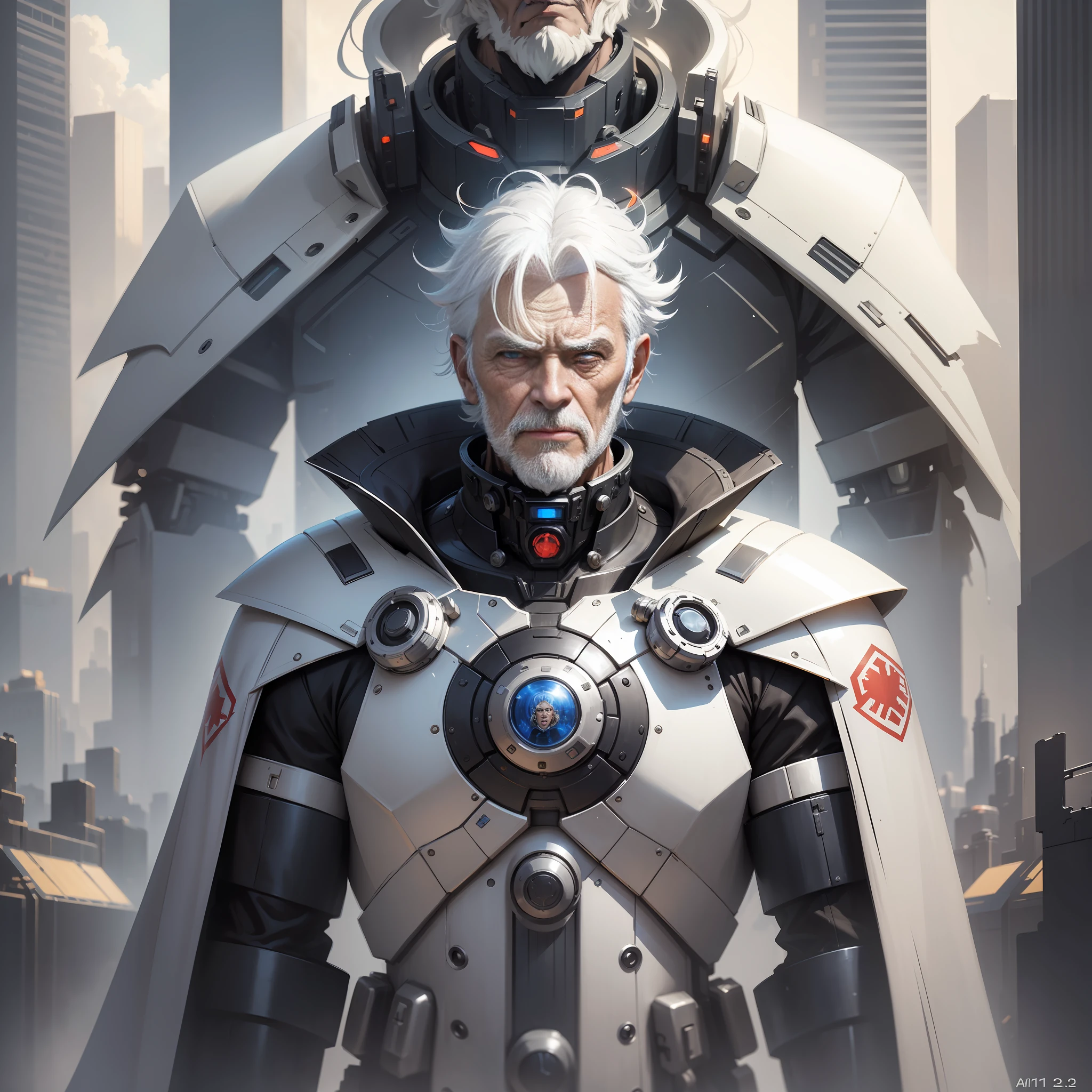 (Mecha Old Man is Half-Human, Half-Mech: 1.2), King Domineering, Clear HD, 8K Resolution, Very Detailed, White Hair, Bangs, Cape, Solo, Science City (1.2), Digital Painting, Concept Art, Shinkai Makoto Style, Pop Popularization Trend, Pop, Pop Trend, Pop Trend.