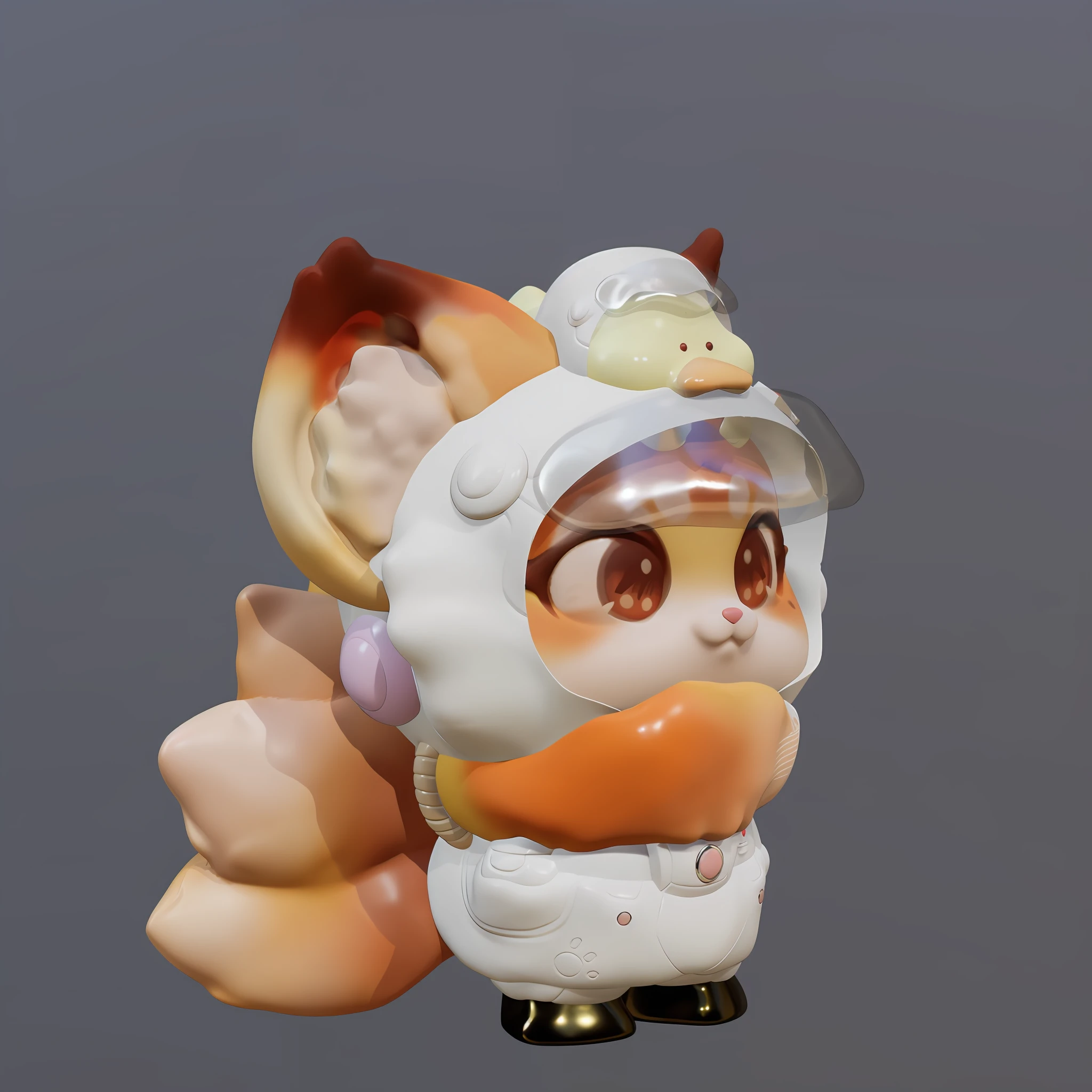 As a full body Funko Pop! , Expander Ear Fox in Space Suit, Vinyl Toy Statue, Smooth Space Suit, Soft Fox, as Funko Pop! , duck on head, wearing a space hat, anthropomorphic fox, duck wearing a space hat, inspired by a close-up of the Nyuju Stumpy Brown fox statue, cute, macaron color scheme, rich starry sky background, amazing light and shadow effects, three-dimensional exquisite spacesuit details, detailed images, Nendoroid 3 D, 3 D Smallest pet shop cat, blender, pastel color scheme