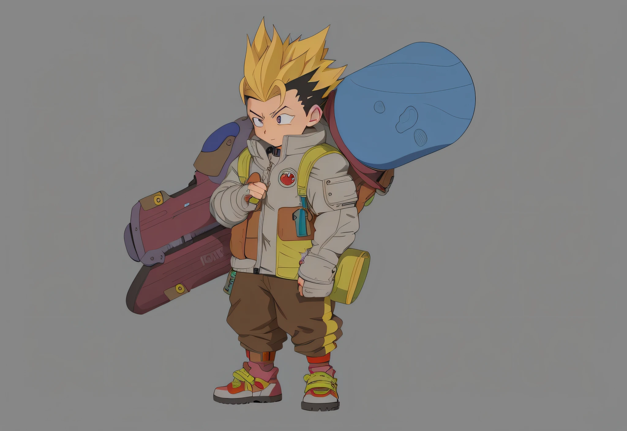 anime character with a backpack and a snowboard in his hand, futuristic tetsuo, akira toriyama style, clean lineart and color, high quality colored sketch, full body concept, inspired by Akira Toriyama, anime style character, ( ( character concept art ) ), full body character concept, dragon ball concept art, kentaro miura art style